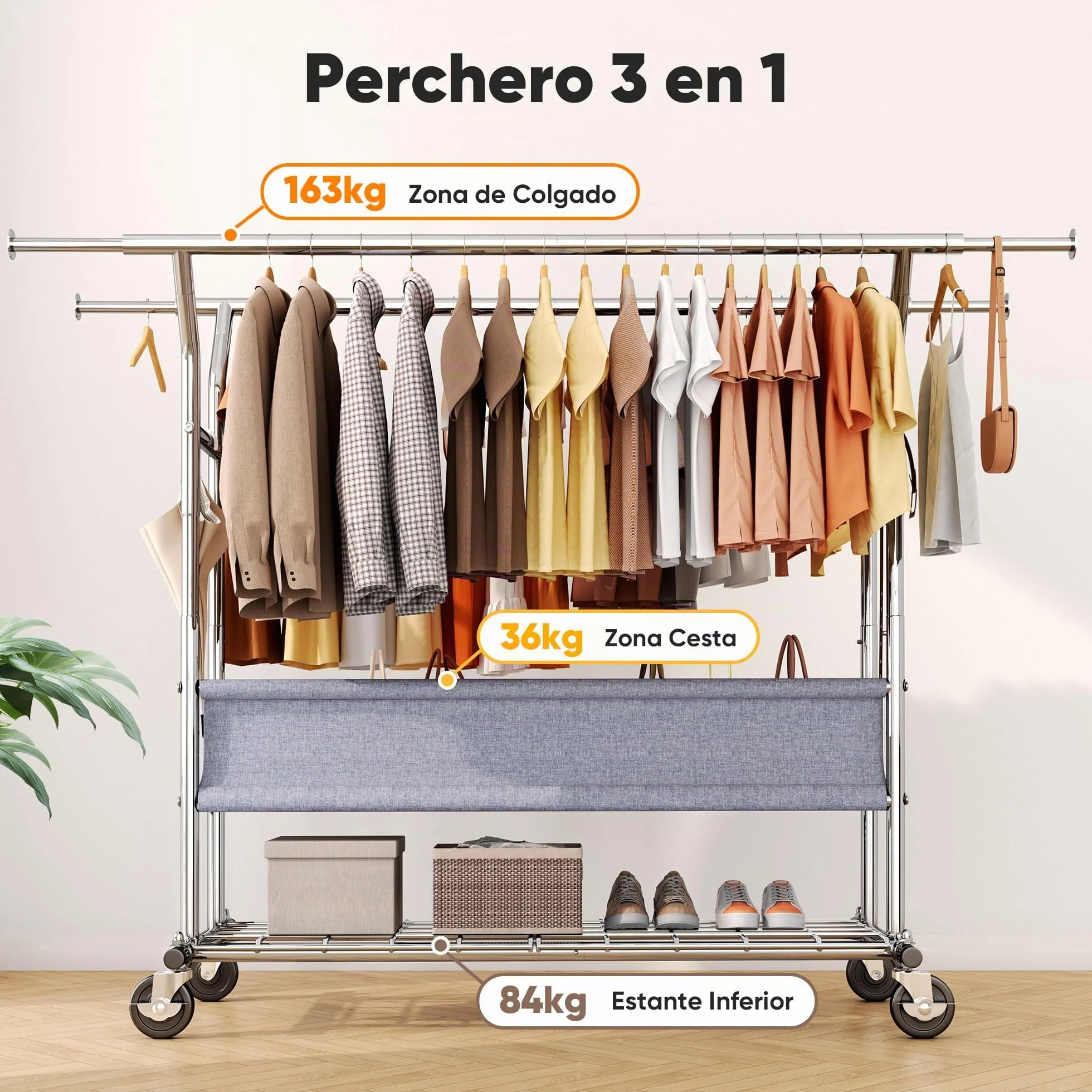 HOKEEPER Burro de Ropa Resistente de Doble Barra con Ruedas, 283kg, con Cesta de Tela y Estante, Extensible - Ideal para Dormitorio, Boutique