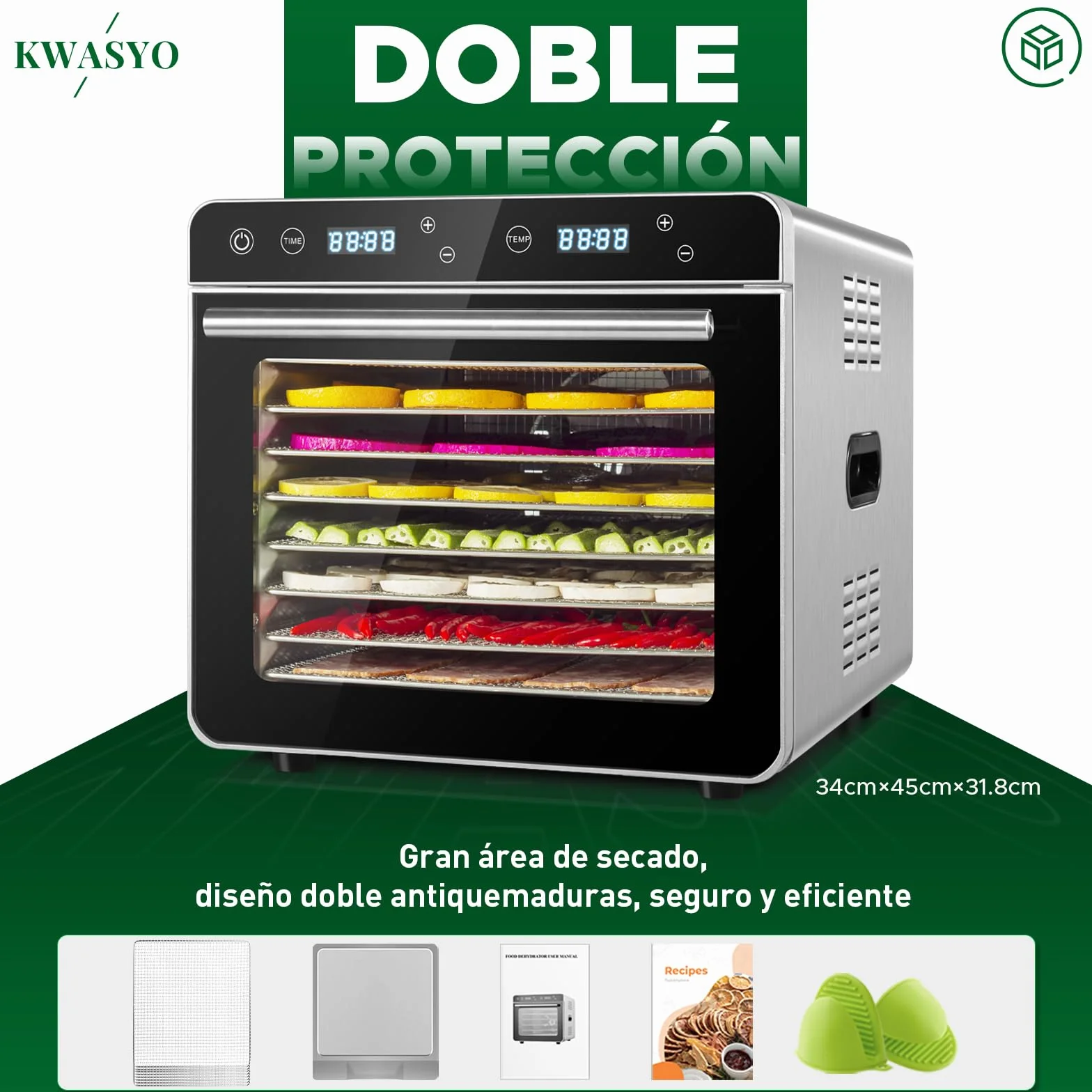 Kwasyo Deshidratador de Alimentos 8 Bandejas Acero Inoxidable 700W Temperatura 30-85℃ Temporizador 24h