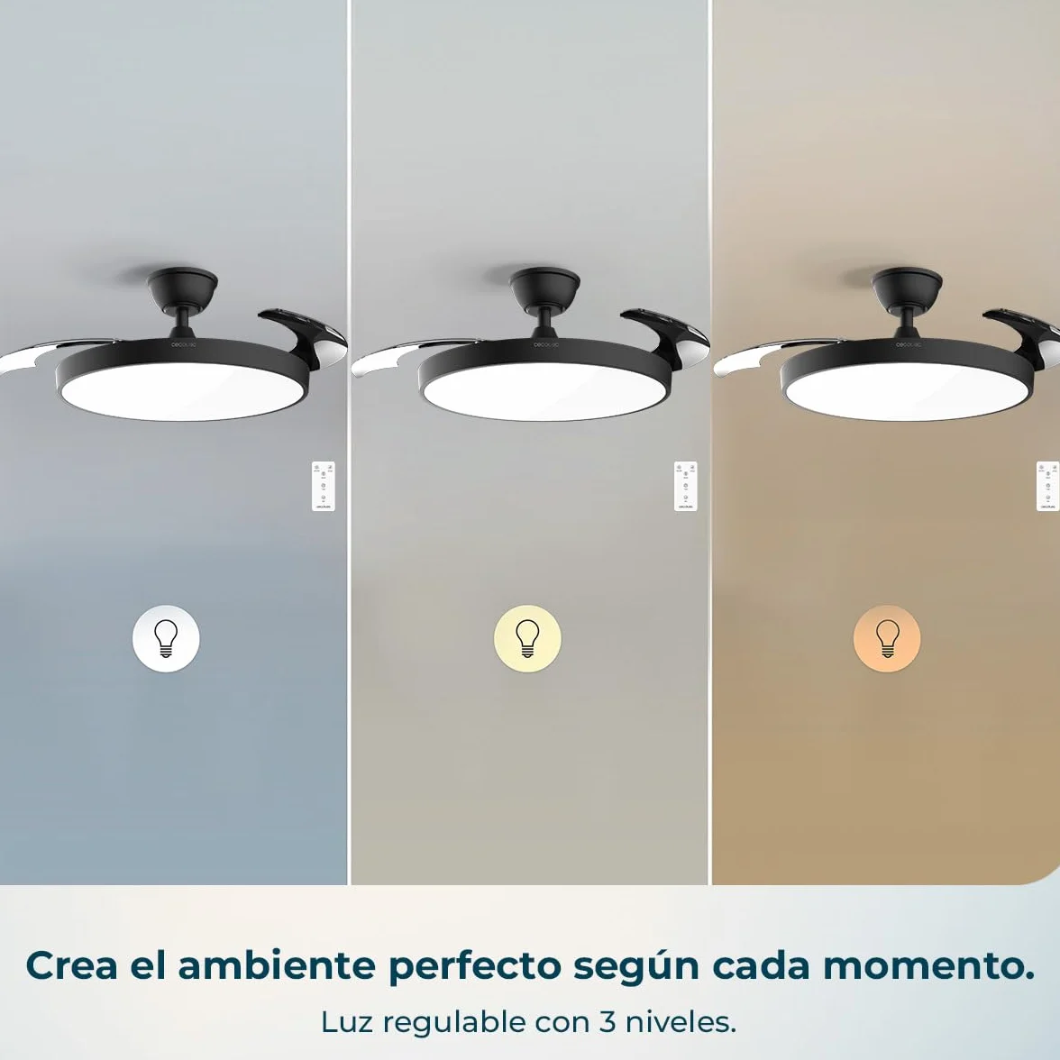 Cecotec Ventilador de Techo con Luz Aspas Retráctiles EnergySilence Aero 300 Air Invisible Black 30W Motor DC Mando a Distancia 6 Velocidades