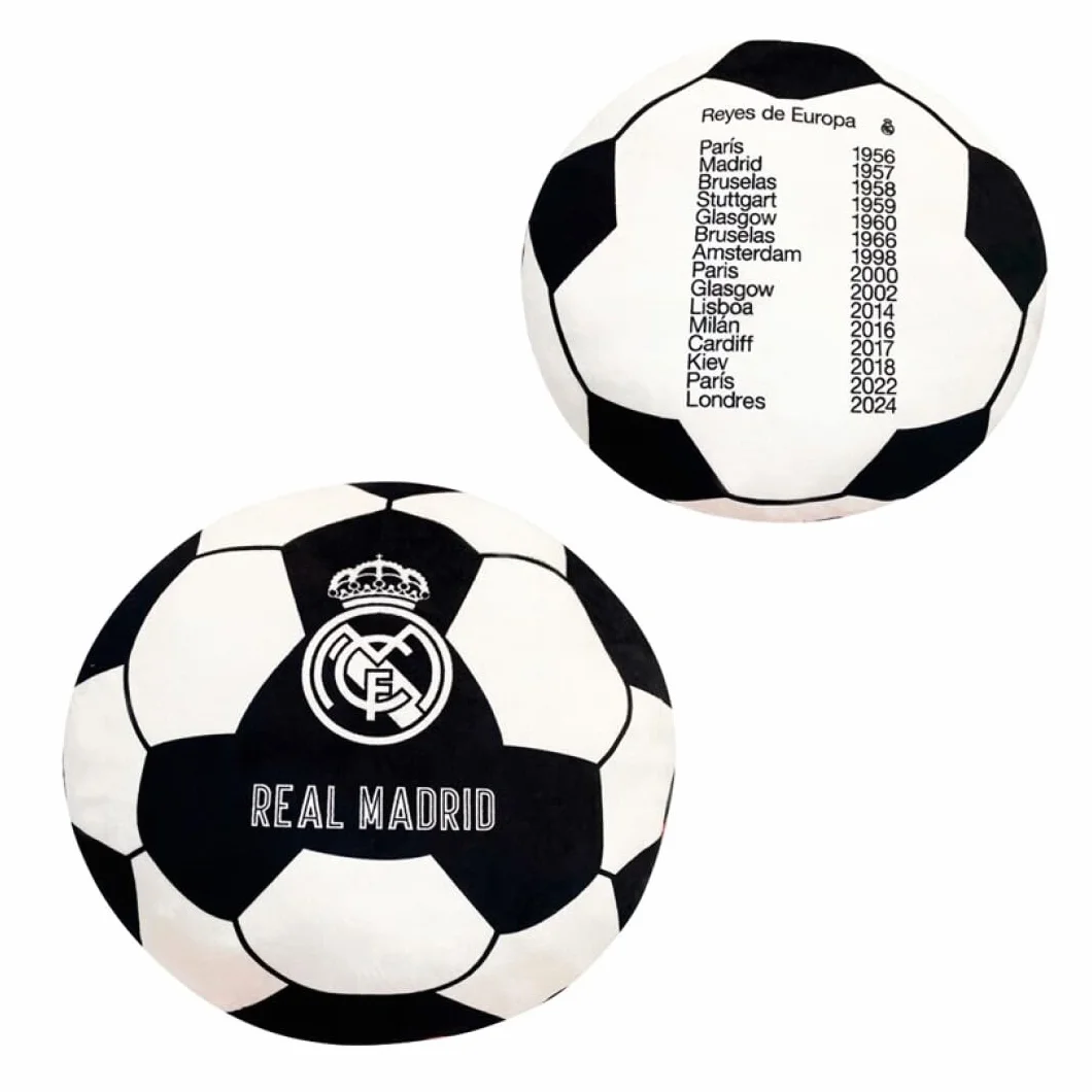 REAL MADRID Cojín Balón Oficial 40x40 cm 100% Poliéster Diseño Exclusivo Escudo 15 Copas de Europa