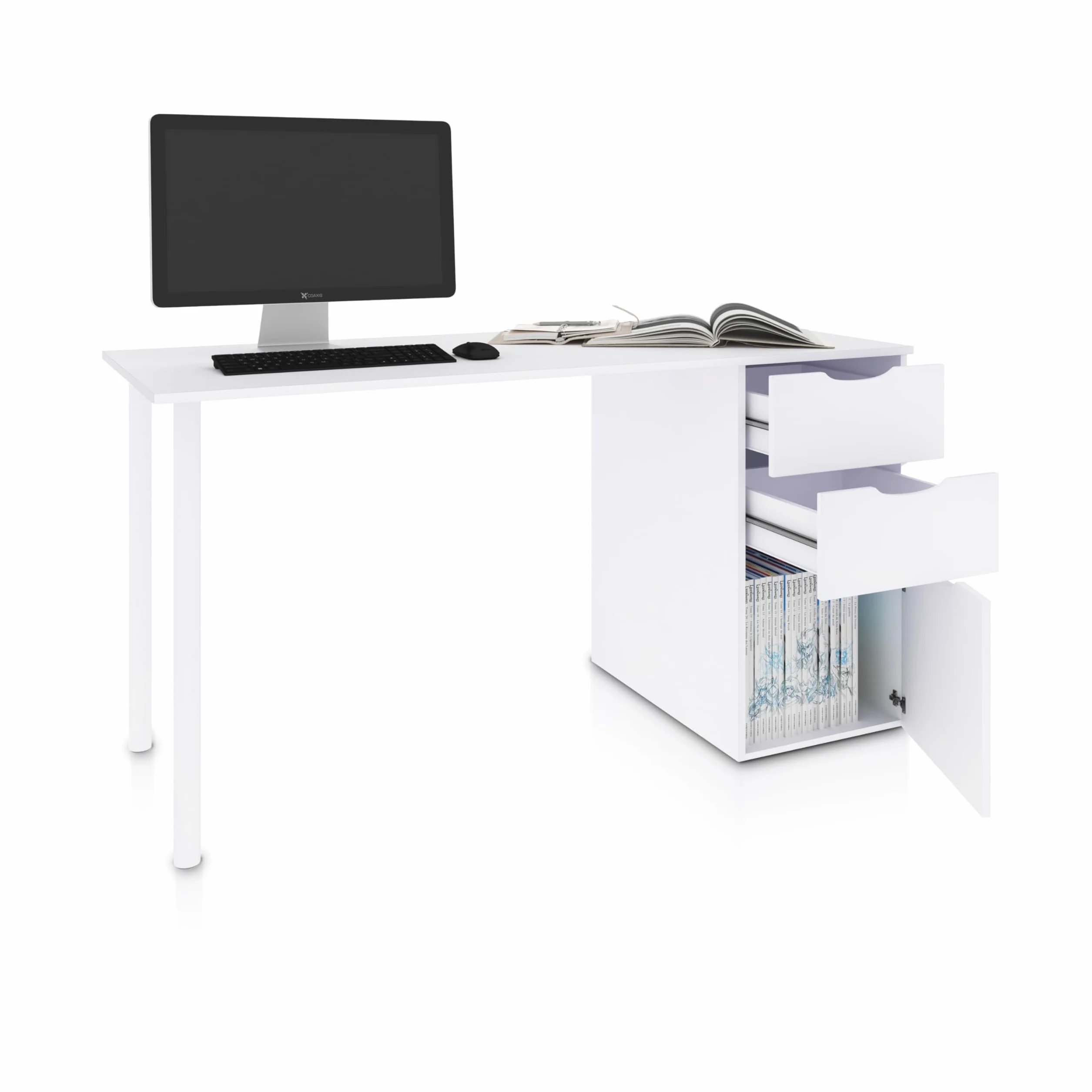 duehome | Mesa Ordenador Reversible con 2 Cajones y 1 Puerta, Mesa Despacho, Escritorio, Modelo Luma, Acabado en Color Blanco Artik, Medidas: 138 cm (Ancho) x 60 cm (Fondo) x 74 cm (Alto)