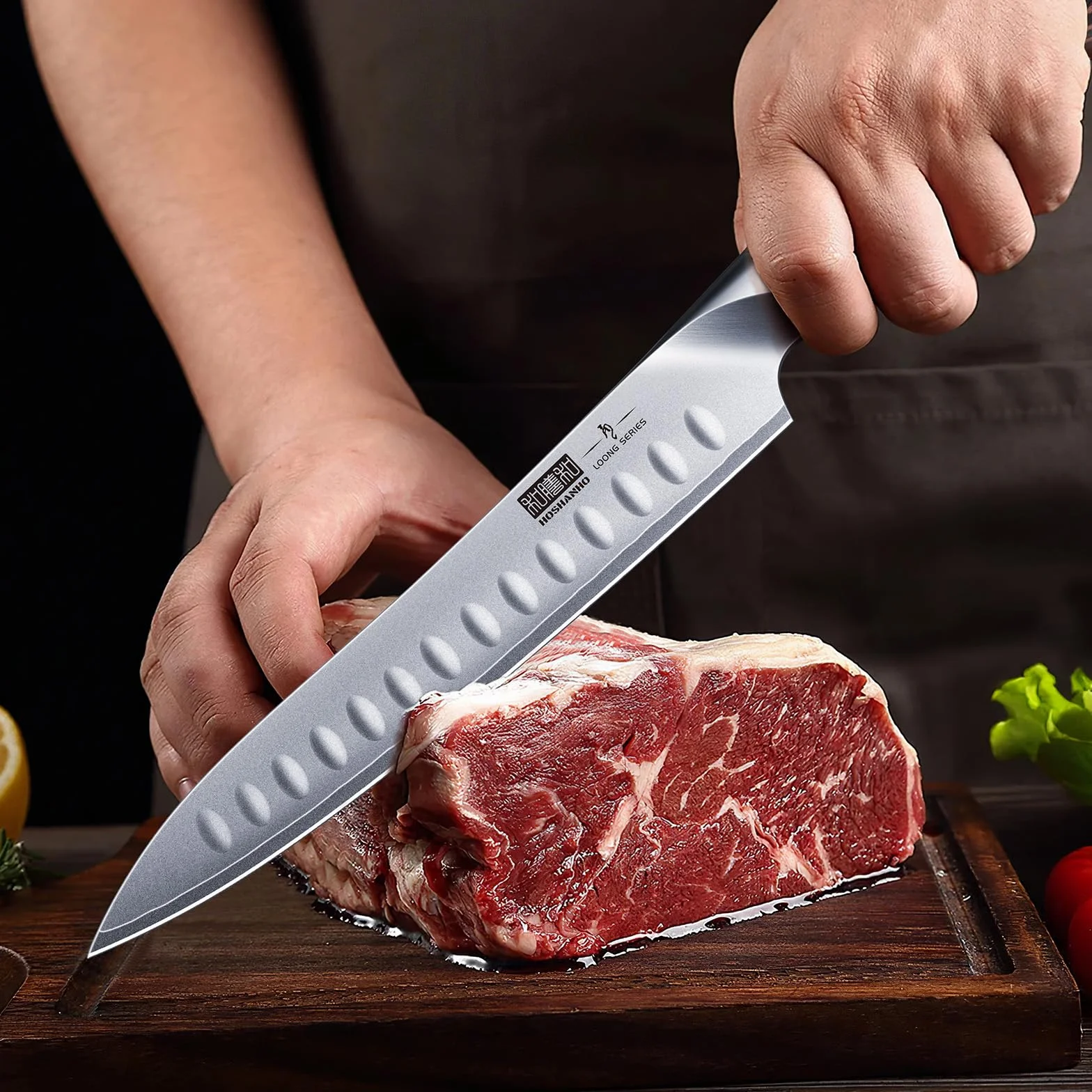 HOSHANHO Juego de Trinchar 20 cm y Tenedor 18 cm, Cuchillo de Barbacoa Profesional Acero al Carbono