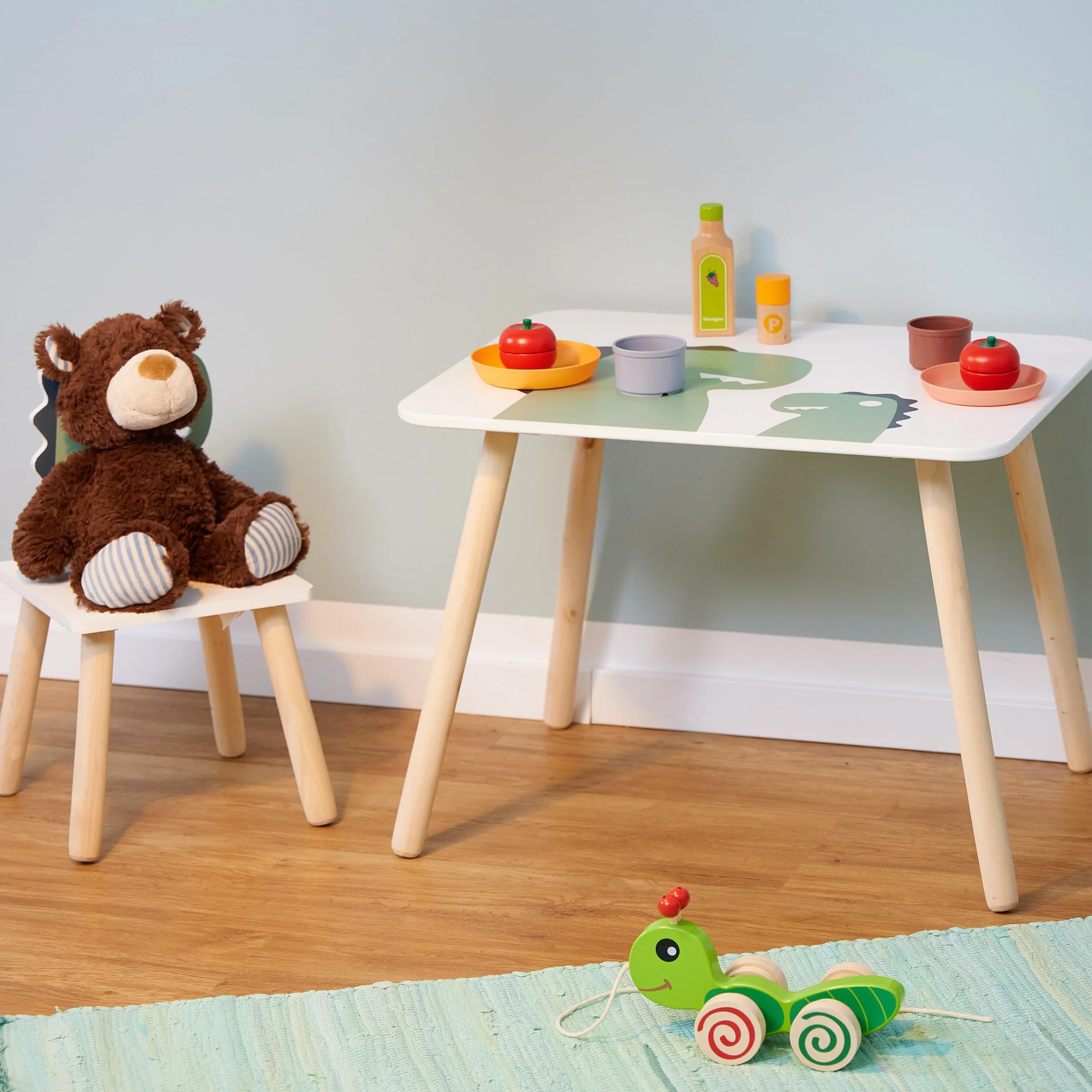 Relaxdays Dinosaurio Mesa y Silla Infantil Set 2 Muebles Dormitorio Blanco/Verde
