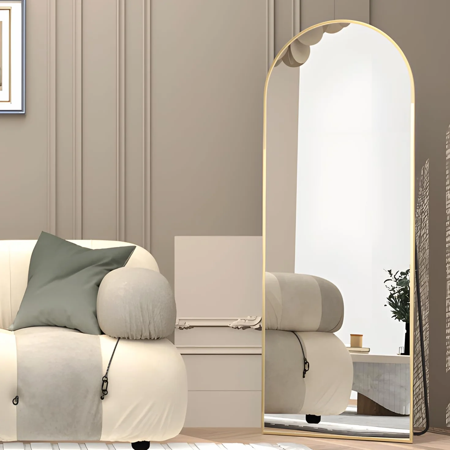 Arqueado Espejo de Cuerpo Entero, 162X53cm Espejo de Suelo arqueado con Soporte, Espejo de Pared Grande, Dorado Colgado de pie o apoyado contra la Pared para Entrada de Dormitorio