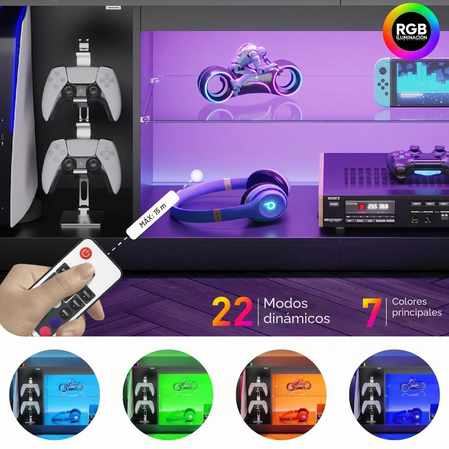 Bestier Mueble de TV para TV de 65 Pulgadas,Centro de Entretenimiento LED Gaming con Soporte Acanalado Brillante para PS5 y Xbox,Consola de TV con Estantes de Vidrio Ajustables,Negro Brillante