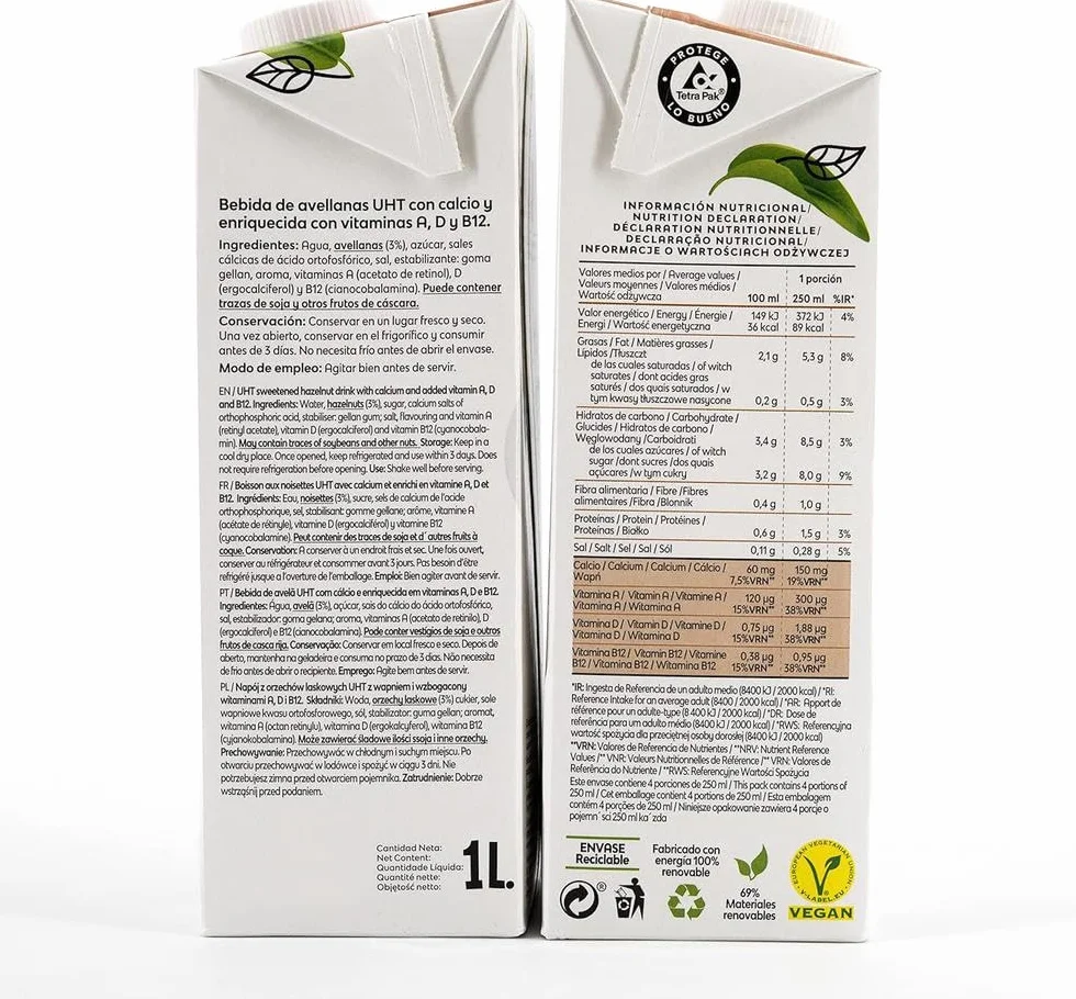 Frías Bebida Vegetal de Avellana Enriquecida con Calcio Pack 6x1L Vegana Sin Gluten Sin Lactosa