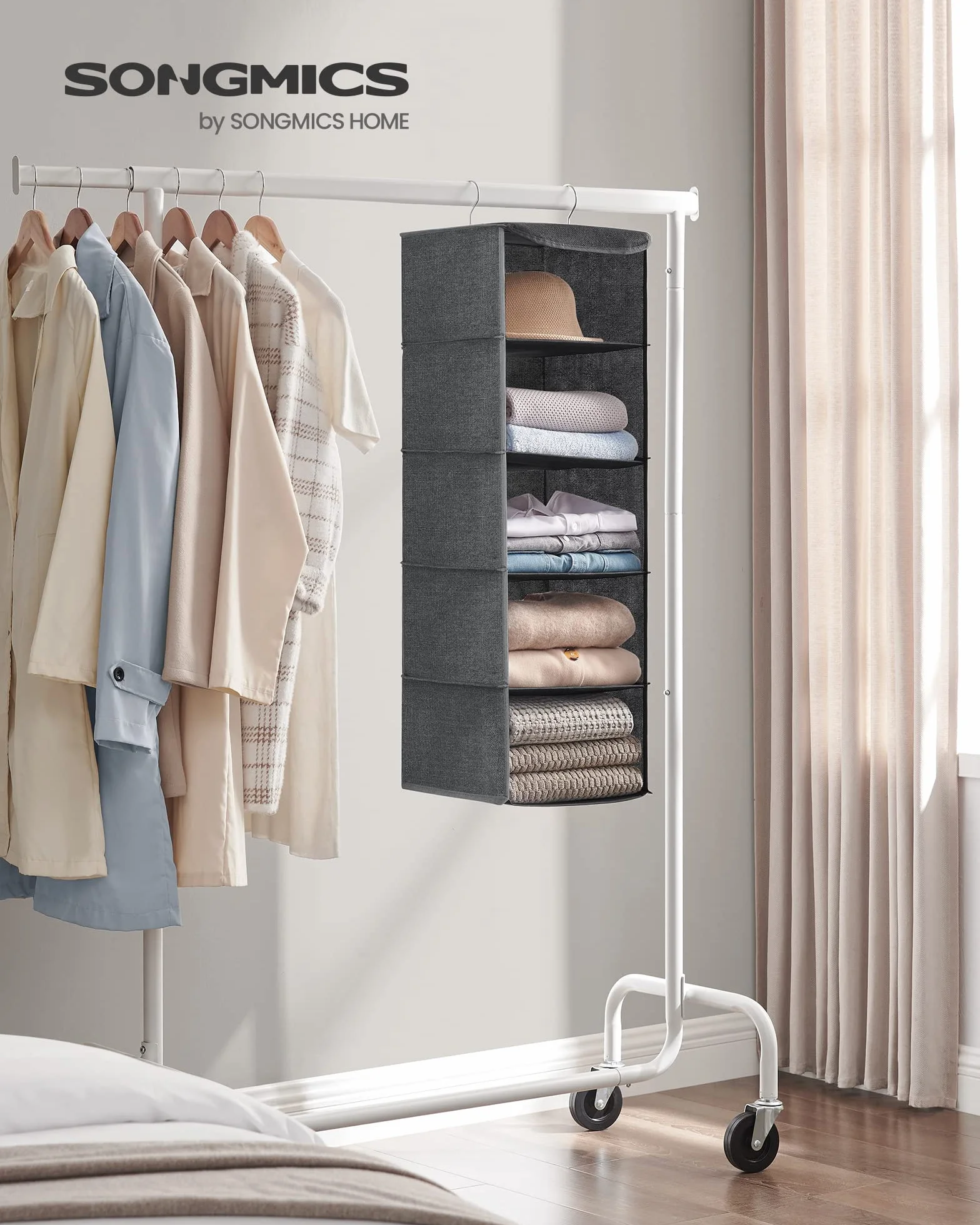 SONGMICS Organizador Armario Bolsa Colgante Plegable con Ganchos Metálicos Bambú Gris RYCH06G
