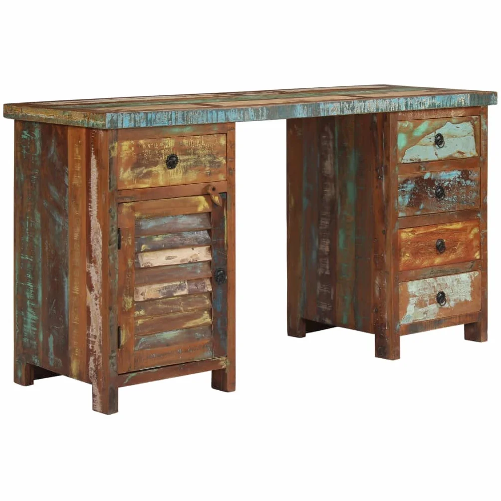 Escritorio genérico con patas de madera maciza de recuperación, 140 x 50 x 77 cm, con 5 cajones y armario, estilo vintage, parte superior extraíble trasformable en 2 armarios laterales, fácil de