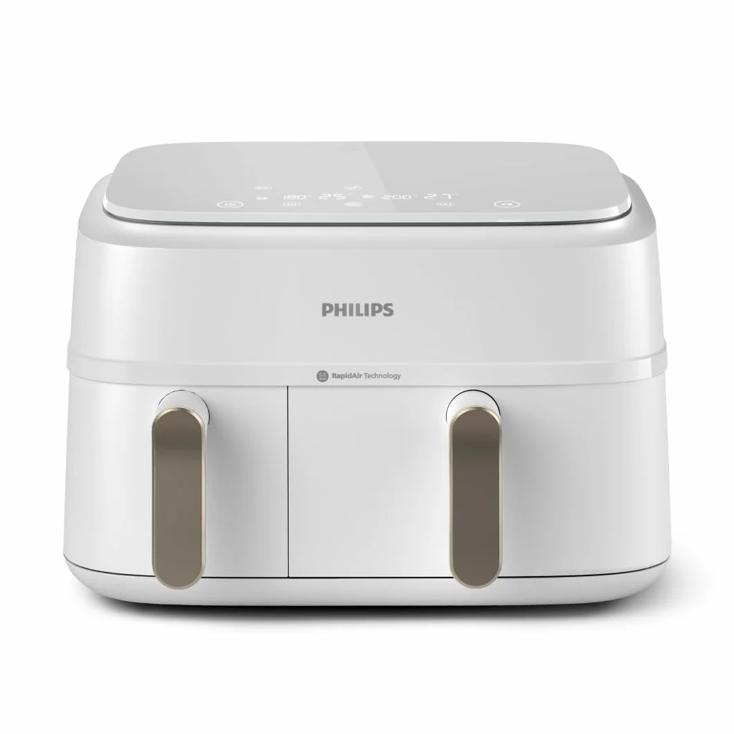 Philips Freidora de Aire Serie 3000, Doble Cesta 9L, 8-en-1, Sincronización Automática, 90% Menos Grasa, Tecnología Rapid Air, Apta Lavavajillas, con App HomeID, Blanca (NA353/10)