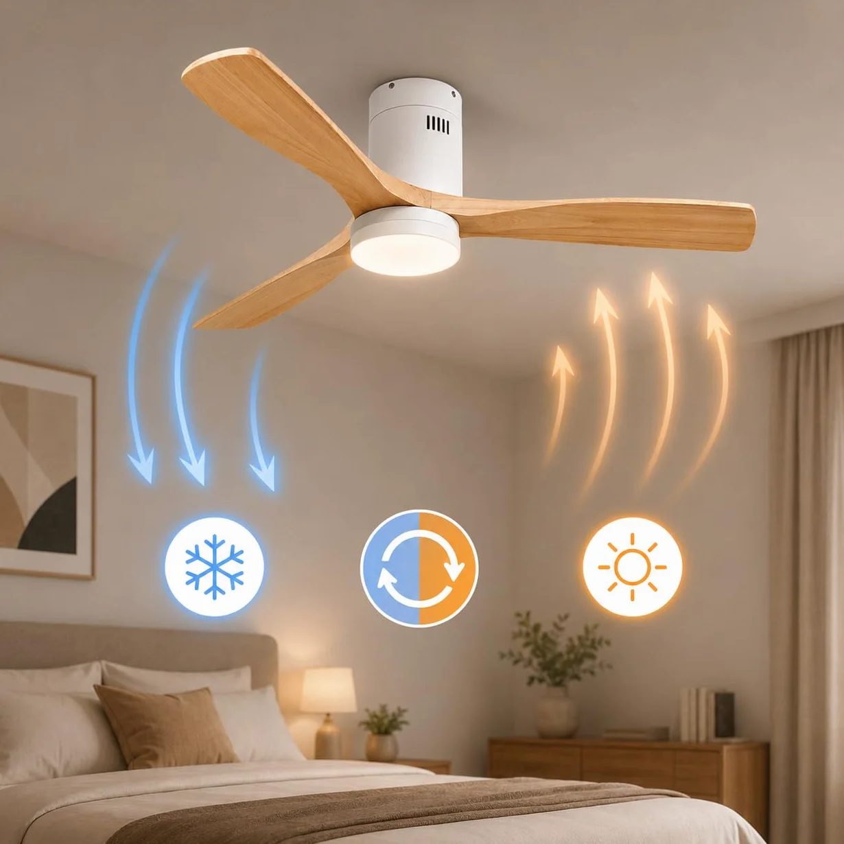M mimotec - Ventilador Techo Energy con Luz LED Regulable en intensidad, Motor DC Silencioso, Aspas Efecto Madera Ø132 cm, Mando, 6 Velocidades, 3 Temperatura de Luz, Temporizador, Verano/Invierno