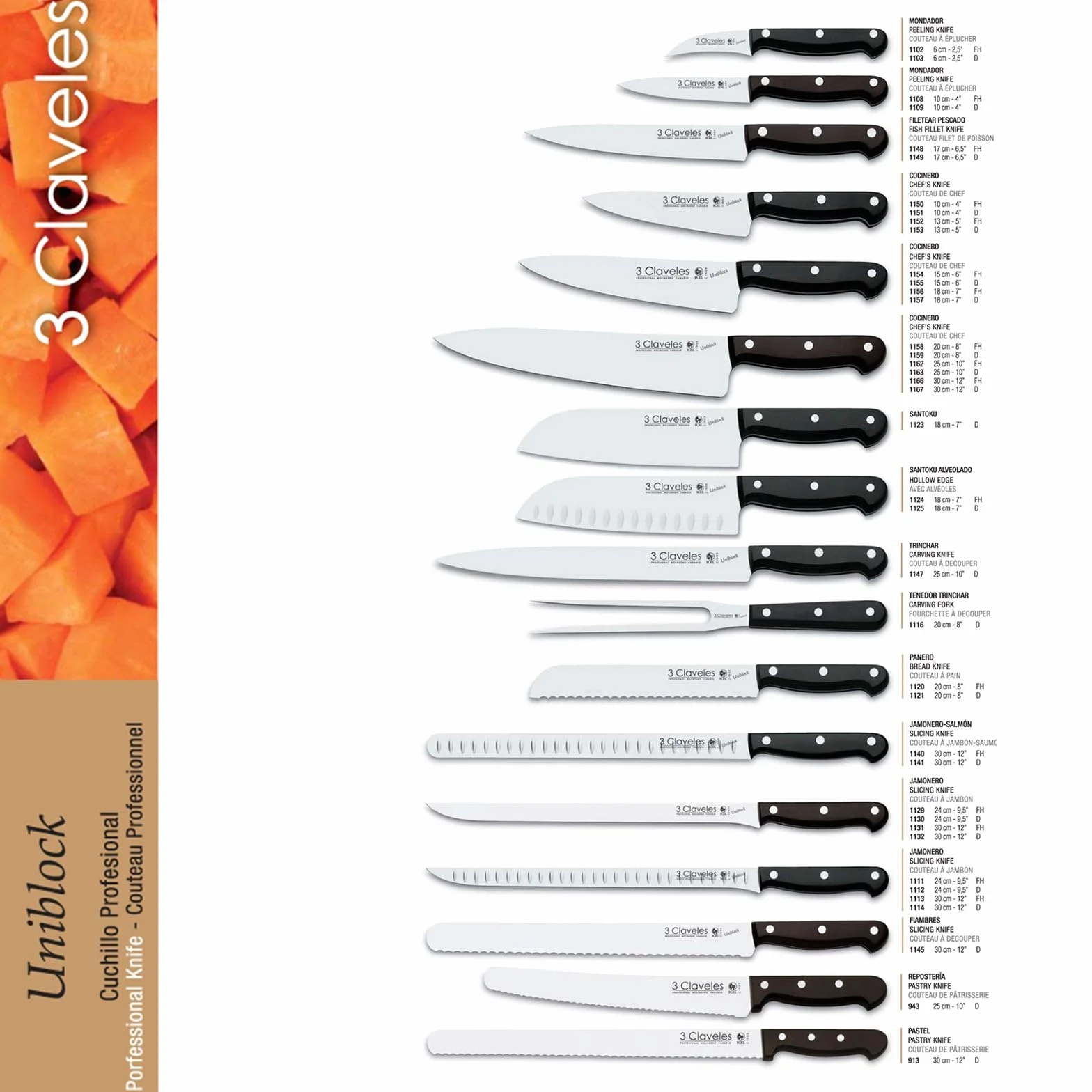 3 Claveles Uniblock Cuchillo jamonero 30 cm 12 pulgadas
