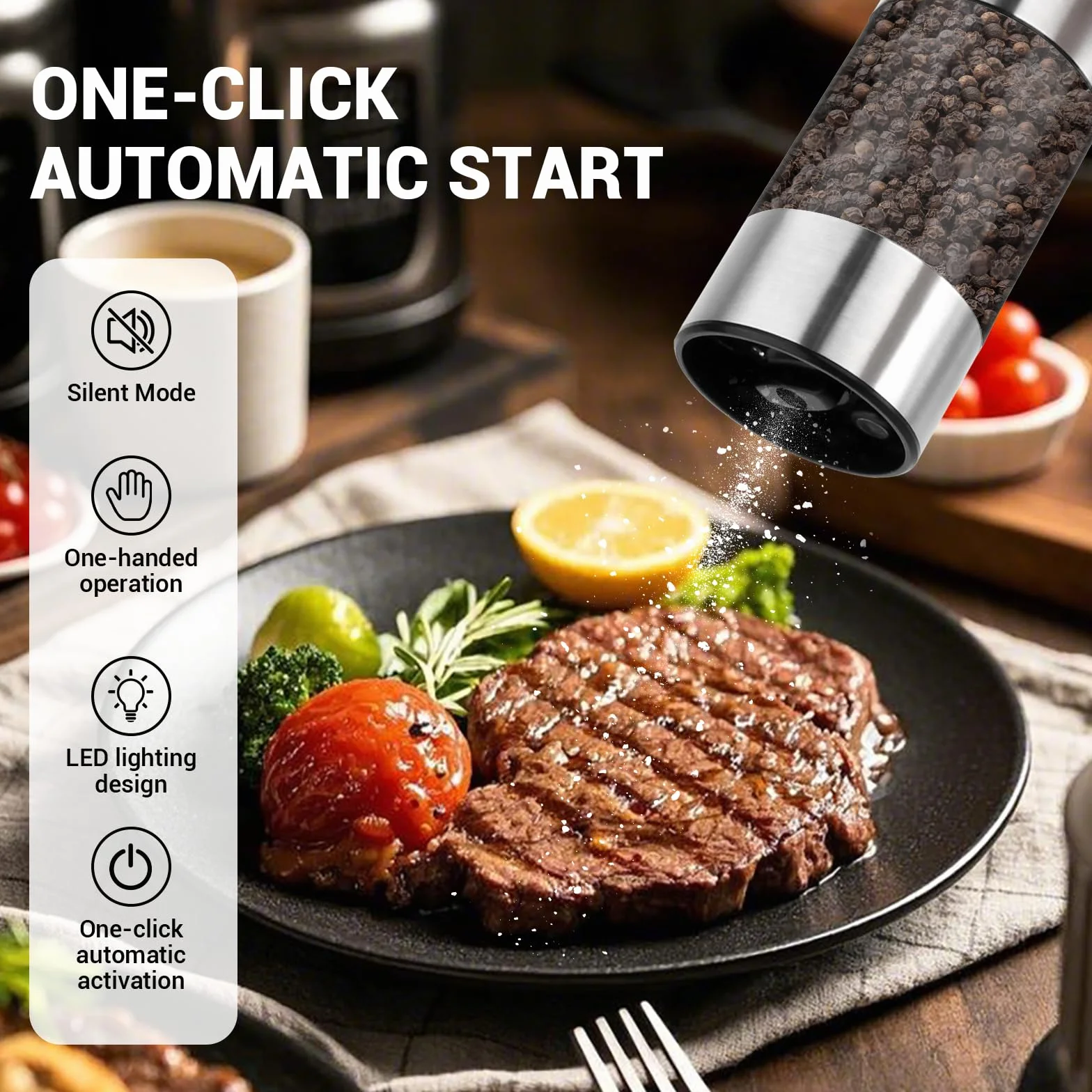 Molinillo Pimienta Electrico,Juego de Molinillo Eléctrico de Sal y Pimienta a Pilas,Luz LED Blanca,Grosor Ajustable y Operación Automática con Una Sola Mano,Saleros de Cocina para BBQ y Hogar