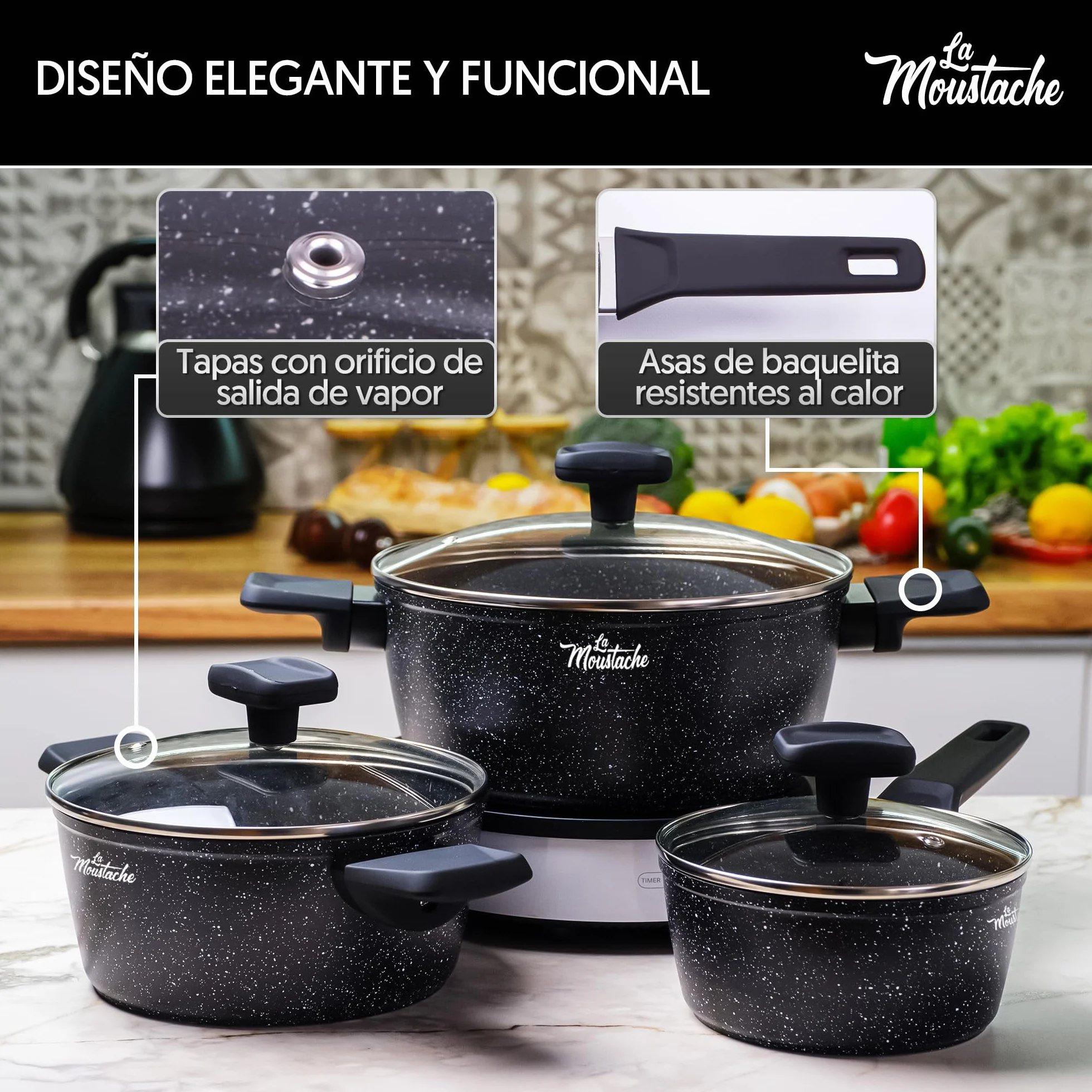 Juego de Ollas y Sartenes La Moustache 8 Piezas Aluminio Antiadherente sin PFOA PFOS Apta Inducción