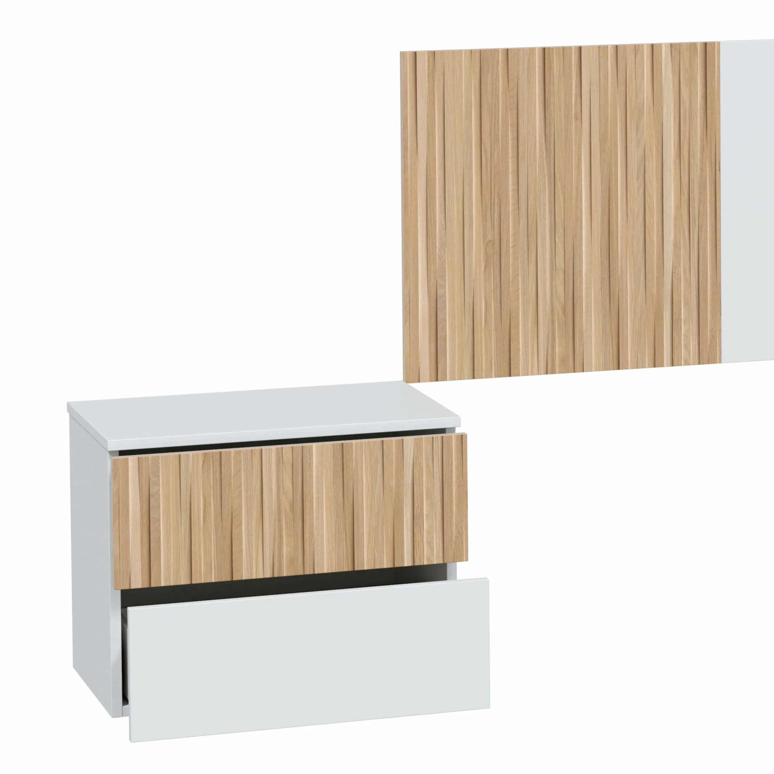 Habitdesign Cabezal + 2 Mesitas, 266x91x34 (AnchoxAltoxFondo-en cm), Color Blanco Artik y Natur, Cabezal Reversible y 2 Mesitas, Modelo Ethna