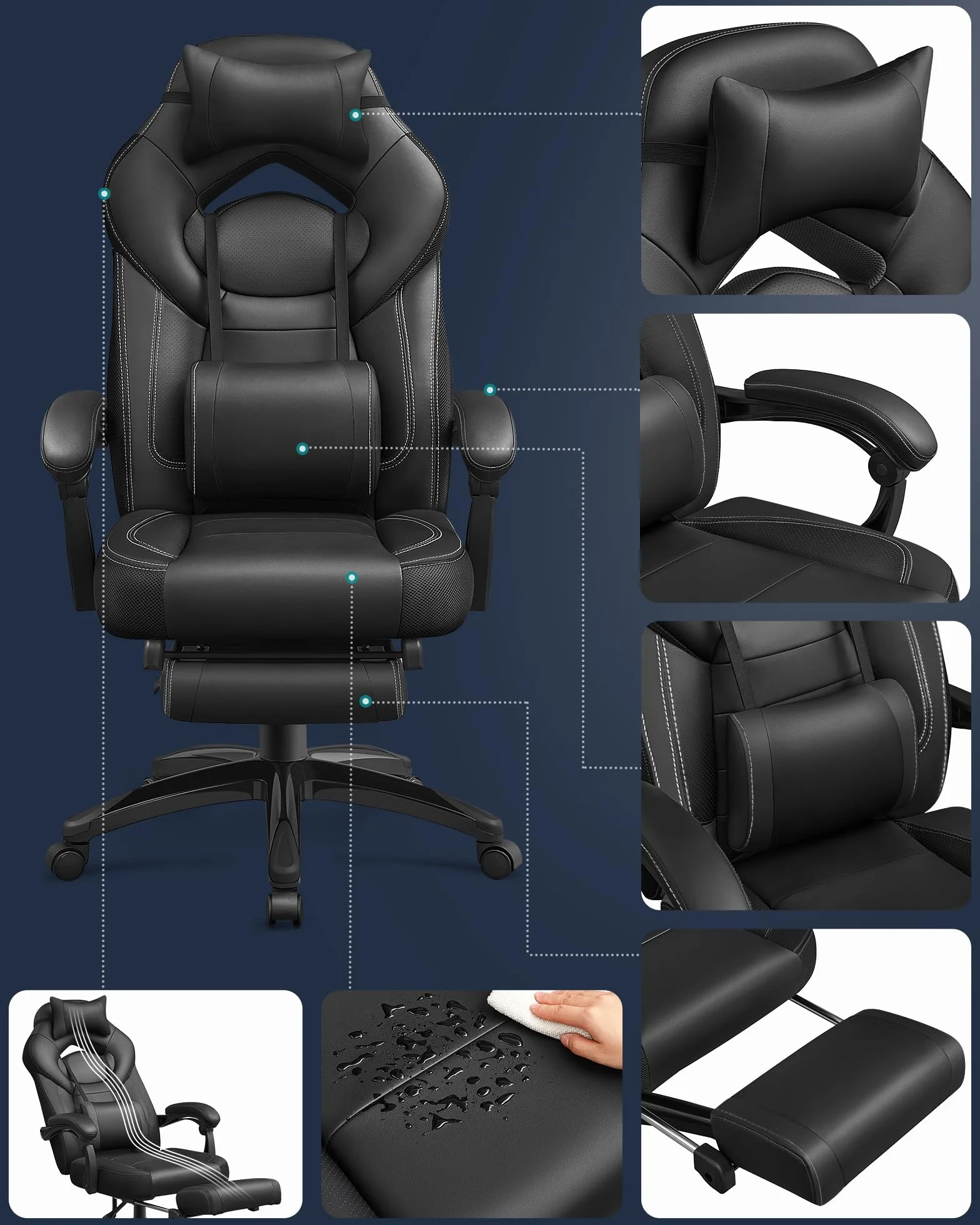 SONGMICS Silla Gaming Ergonómica con Reposapiés y Reposacabezas Ajustable, 150 kg, Negro