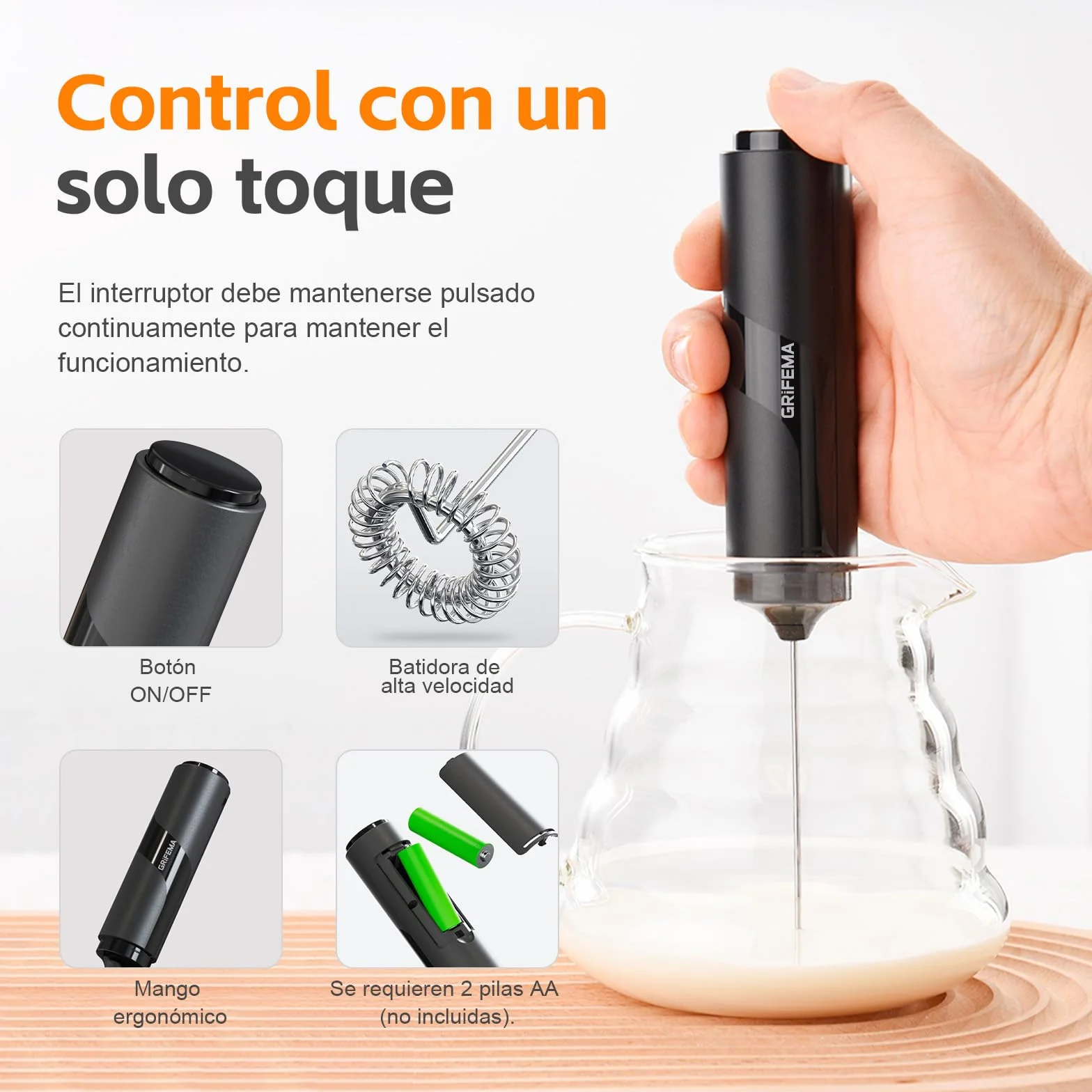 GRIFEMA Batidora Espumador Leche Eléctrica 13000 RPM, Portátil para Cappuccino, Café, Matcha