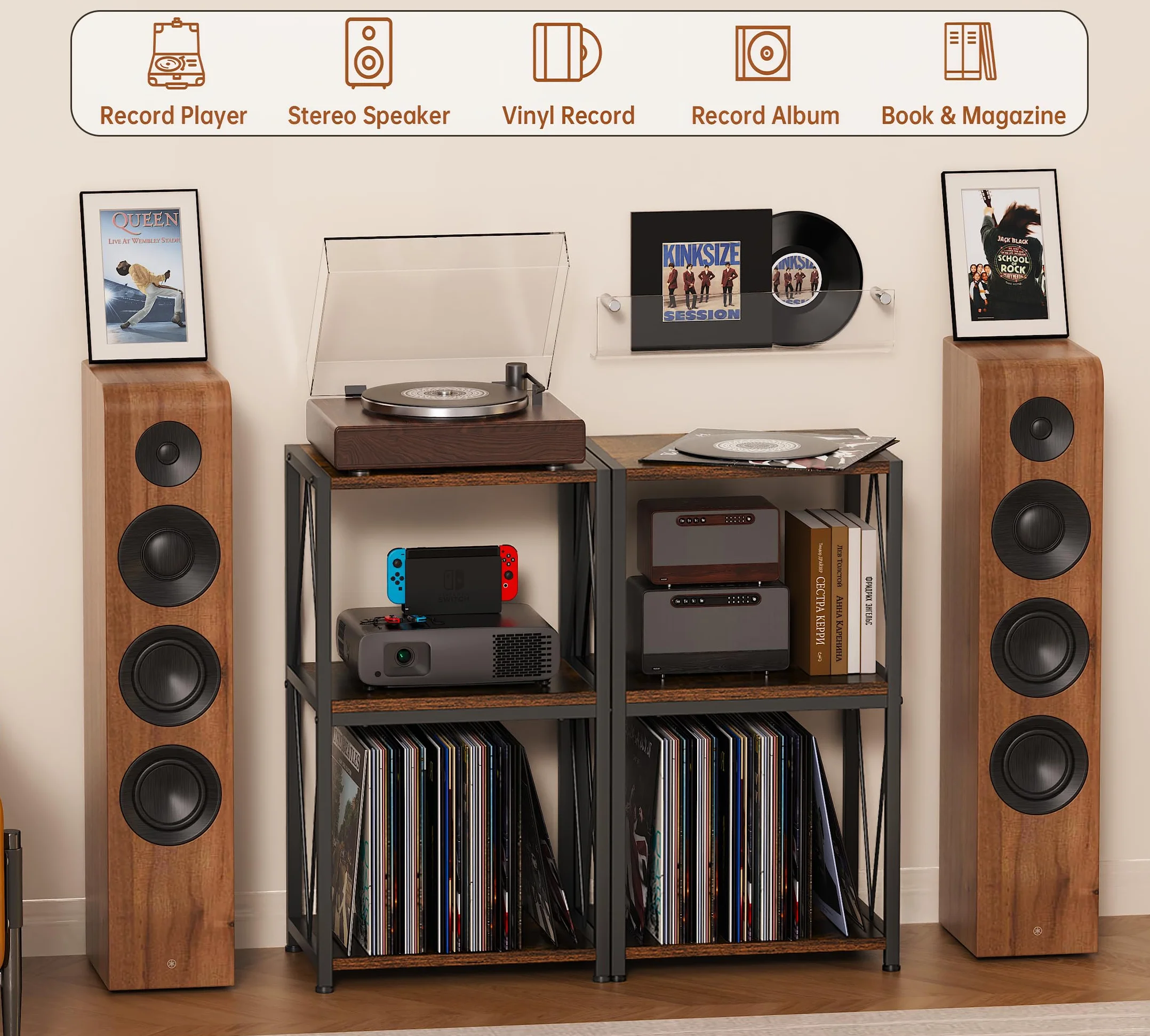 HFHOME Mesa auxiliar de almacenamiento de discos de vinilo de 3 niveles, gabinete para tocadiscos y soporte giratorio