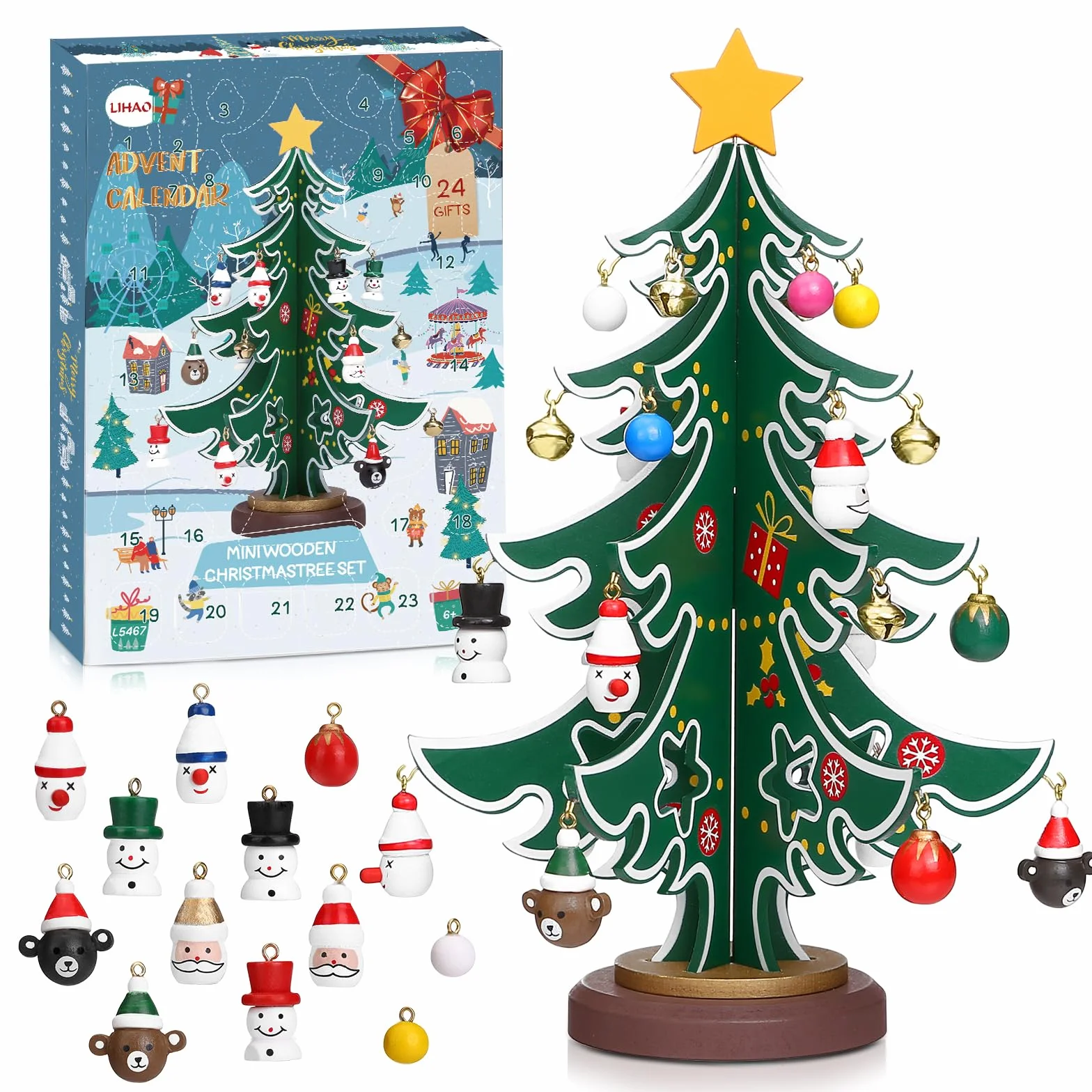 LIHAO Mini Árboles de Navidad de Madera Calendario de Adviento 24cm