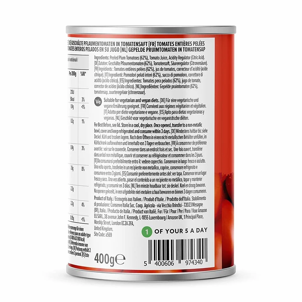 Tomates Pera Pelados Italianos 400g by Amazon