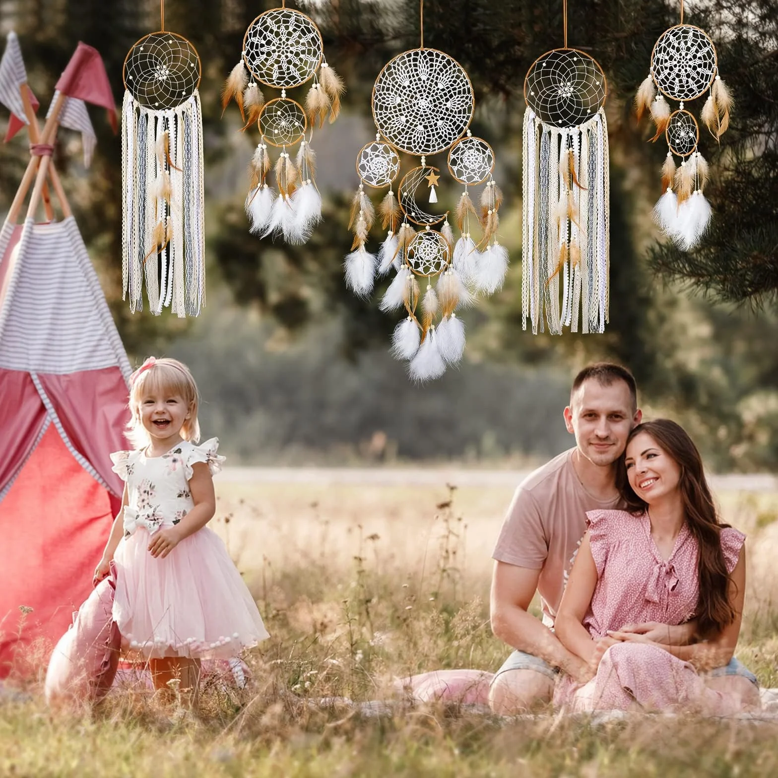 LOMOHOO Juego de 5 atrapasueños con diseño de luna y sol, macramé bohemio, para colgar en la pared, decoración de habitación, plumas hechas a mano, para dormitorio de niños y niñas, decoración del