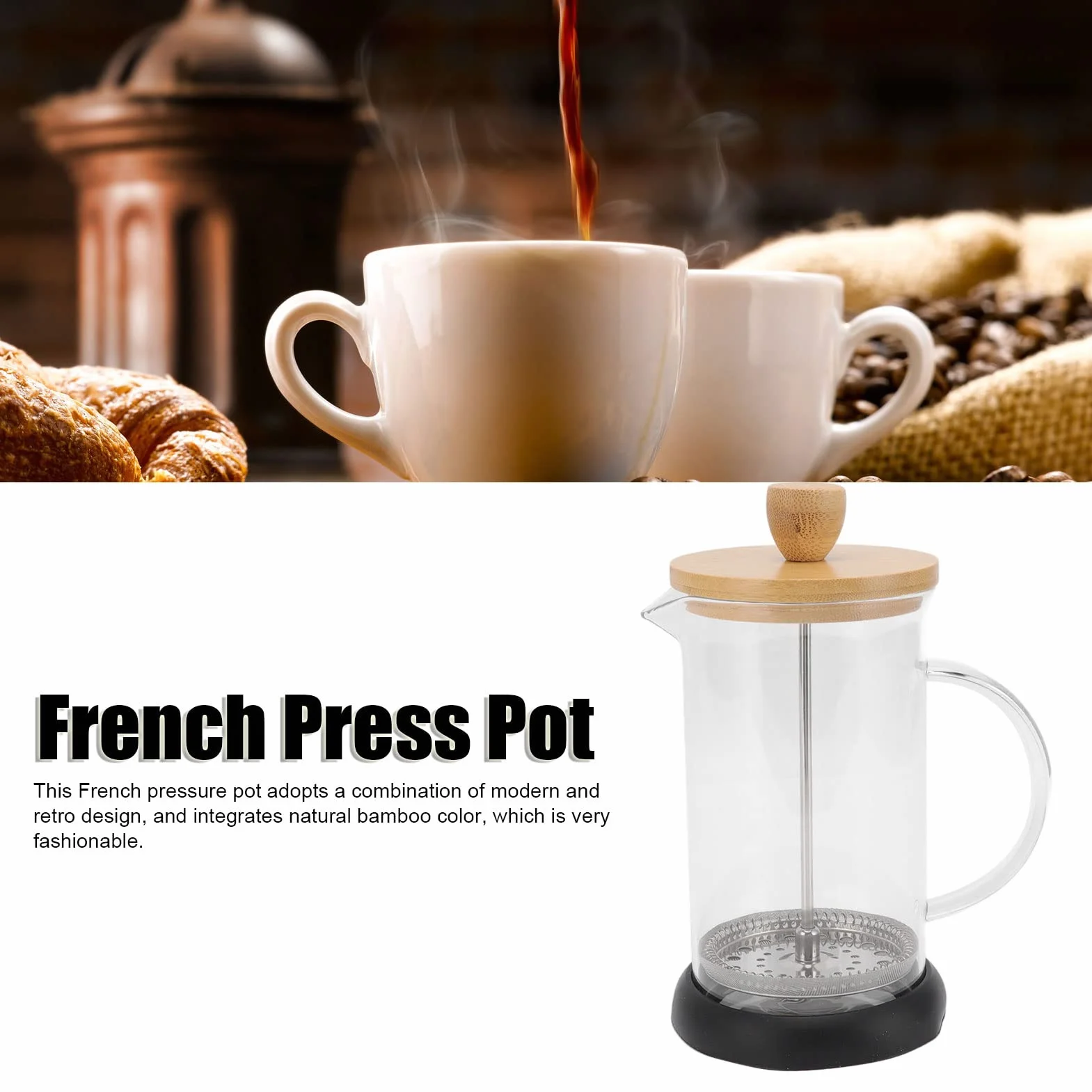 Prensa Francesa Vidrio Borosilicato 350ml Tapa Bambú Filtro Manual
