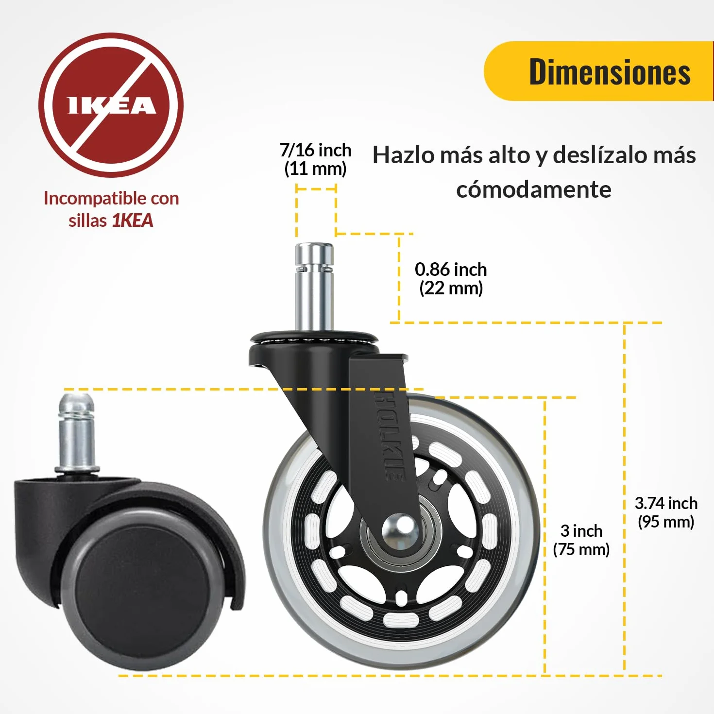 Ruedas para Silla Oficina Set de 5 - Ruedas para Muebles 11mm Suelo Madera y Alfombra - Reemplazo Silla Oficina Goma Silencioso