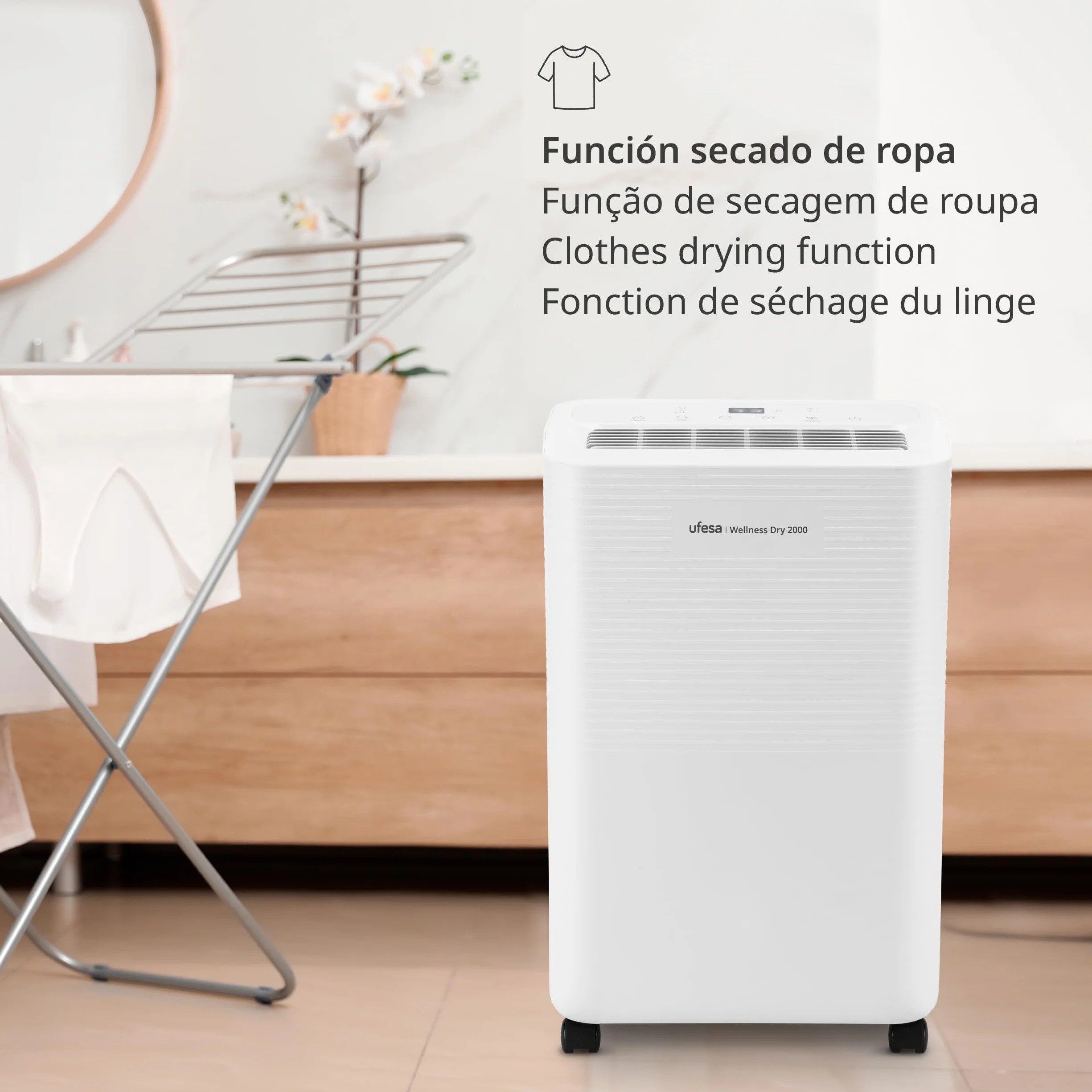 Ufesa Wellness Dry 2000 Deshumidificador 280W, 12L/24h, Silencioso 47dB con Panel Intuitivo, Función Secado Ropa, Sensor de Humedad, 2L capacidad, 2 Velocidades, Temporizador, Hasta 40m2