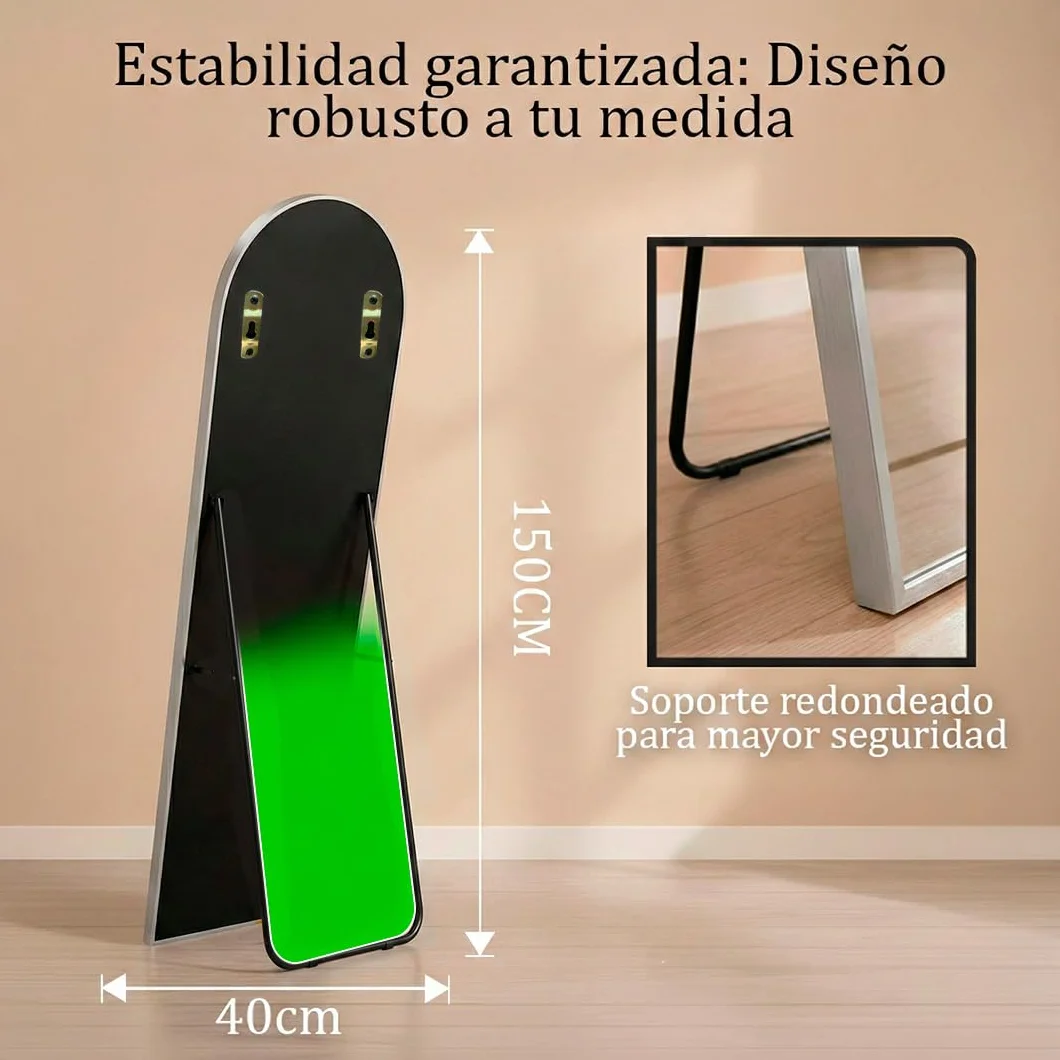 Marctani Espejo de Pie Cuerpo Entero - Espejo Grande y Largo con 3 Formas de Uso, Independiente, Montaje Pared y Apoyado - Marco de Aluminio para Dormitorio, Baño o Salon