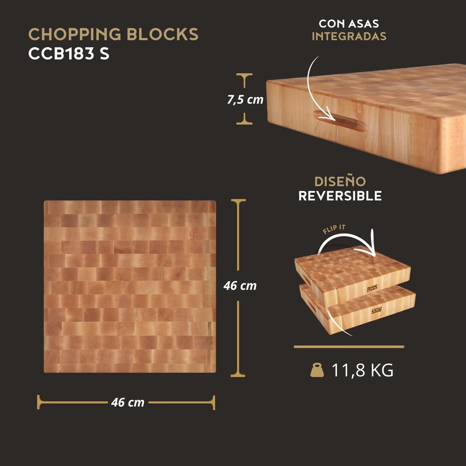 Boos Block Tabla de Cortar Cocina Madera de Testa Extra Gruesa 46 x 46 x 7,5 cm