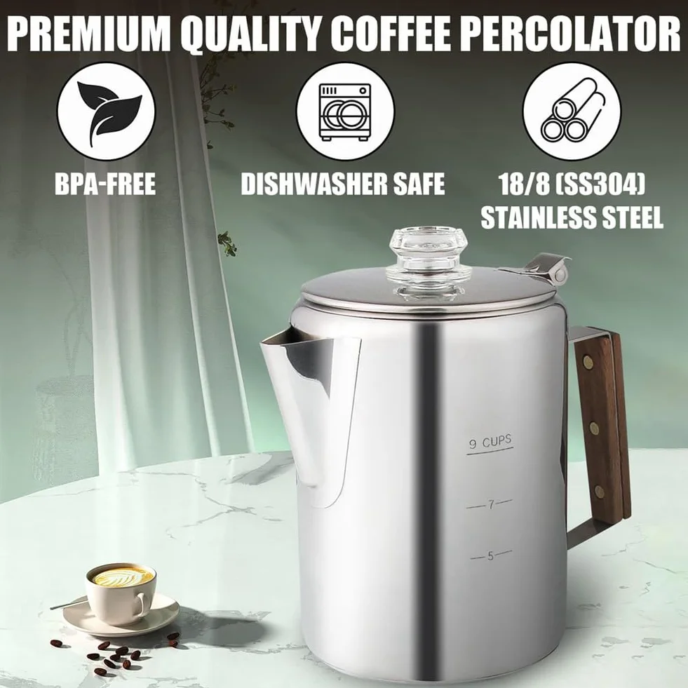 Cafetera percoladora de acero inoxidable para camping 9 tazas