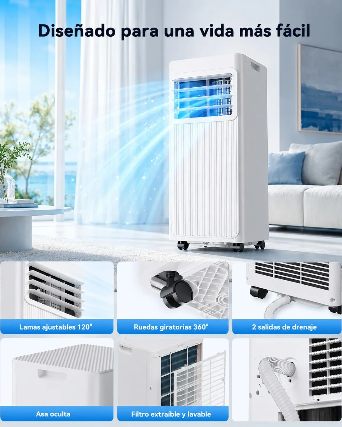 Aire Acondicionado Portátil 7000 BTU, Climatizador 4 en 1 (Frío, Ventilador, Deshumidificador 19L/D, Noche), Bajo Consumo, Silencioso, Temporizador 24H, Mando, Kit de Ventana Incluido, Blanco