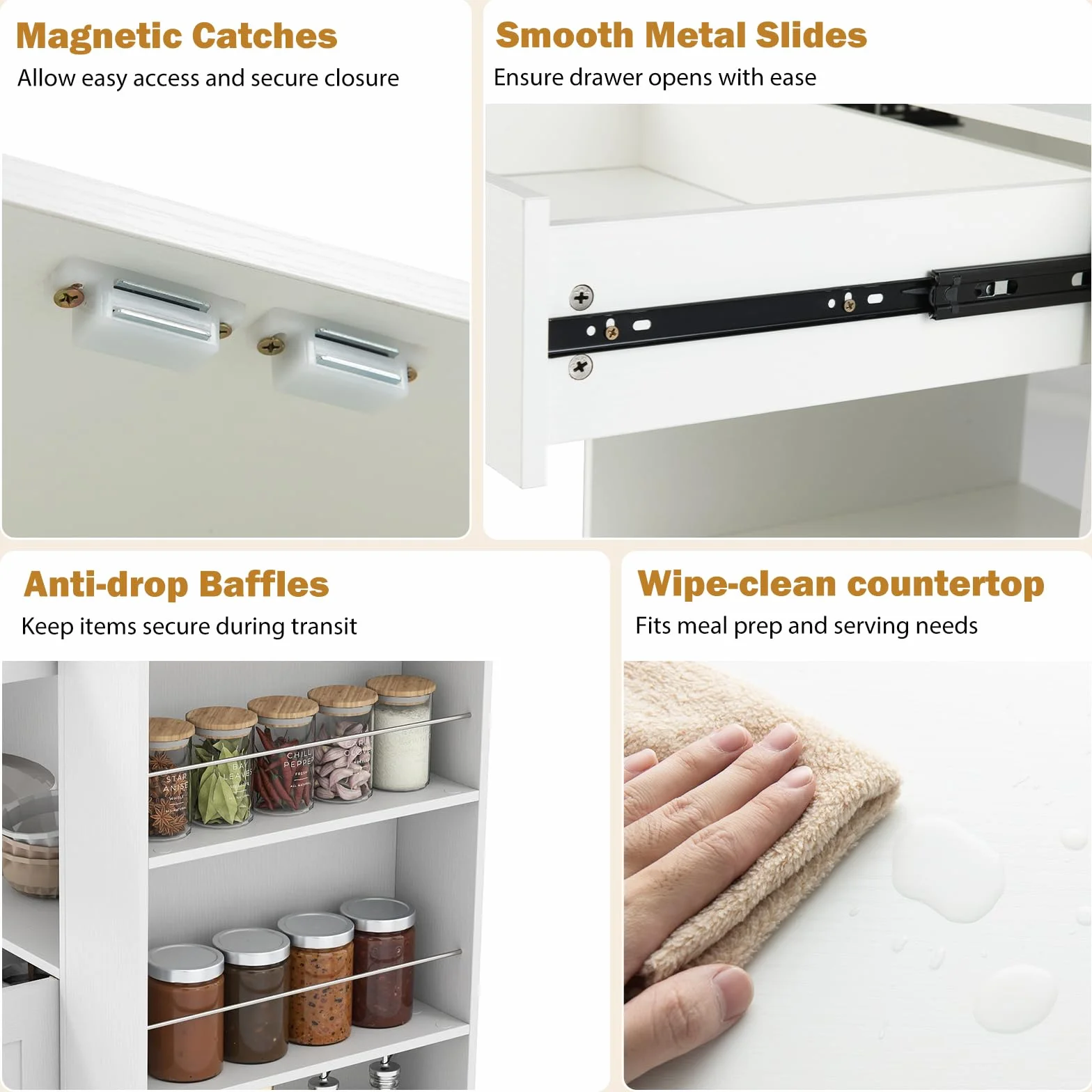 GIANTEX Carrito de cocina con ruedas, isla de cocina con encimera, isla de cocina móvil de madera, armario de cocina, carrito de servicio con cajón y 3 estantes, carrito de cocina (blanco completo)