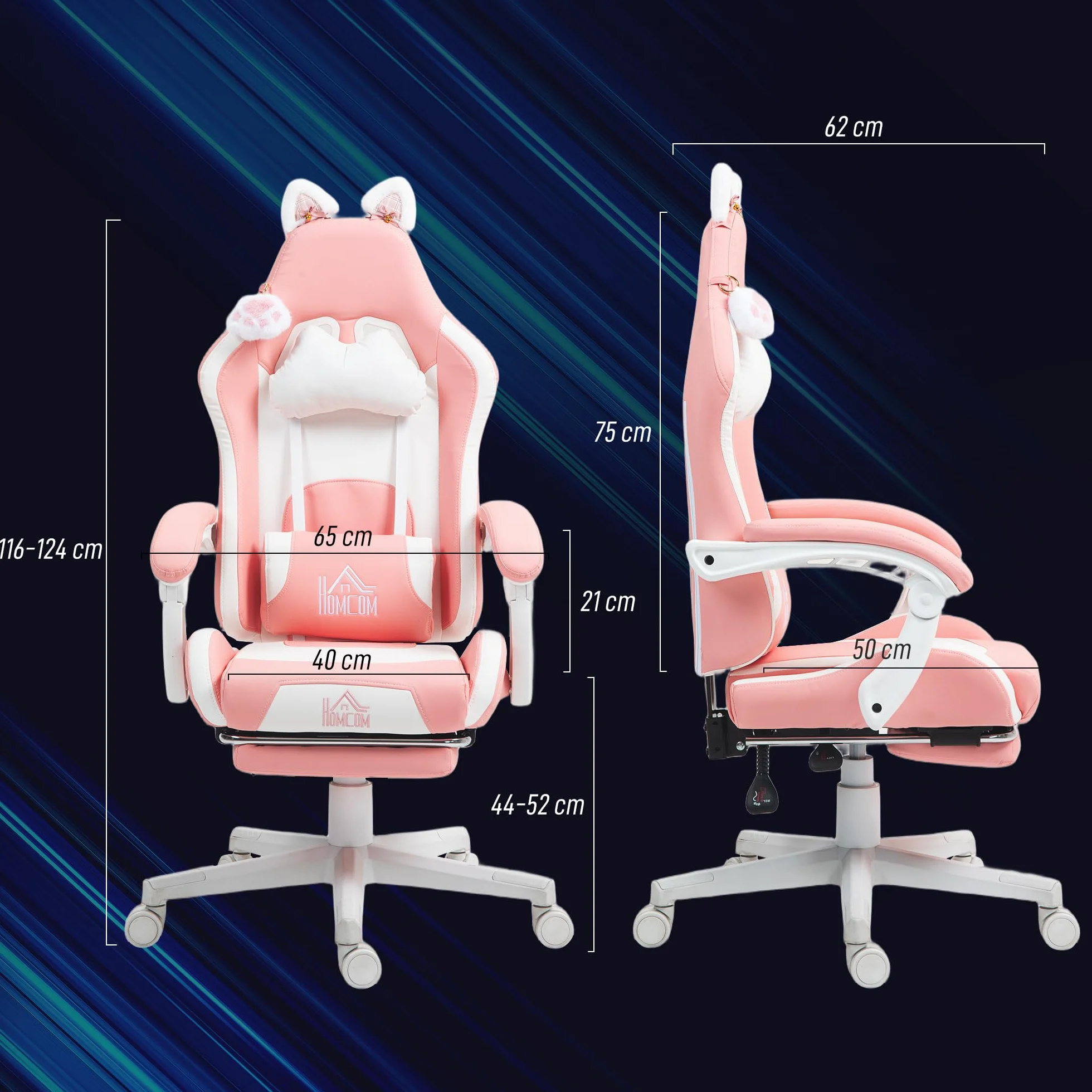 HOMCOM Silla Gaming con Orejas Silla Gamer Reclinable 135° con Altura Ajustable Reposapiés Retráctil Soporte Lumbar Giratorio 360° y Reposacabezas Desmontable Silla para Oficina Estudio Rosa