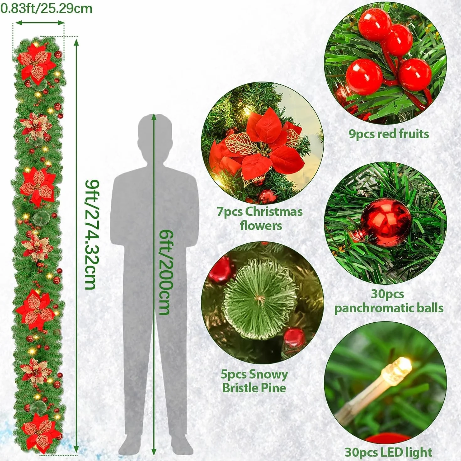 SHAVINGFUN Guirnalda de Navidad Con Luces - Flores Artificiales Decoración de 9 ft, Verde para Escaleras y Chimeneas Navideñas