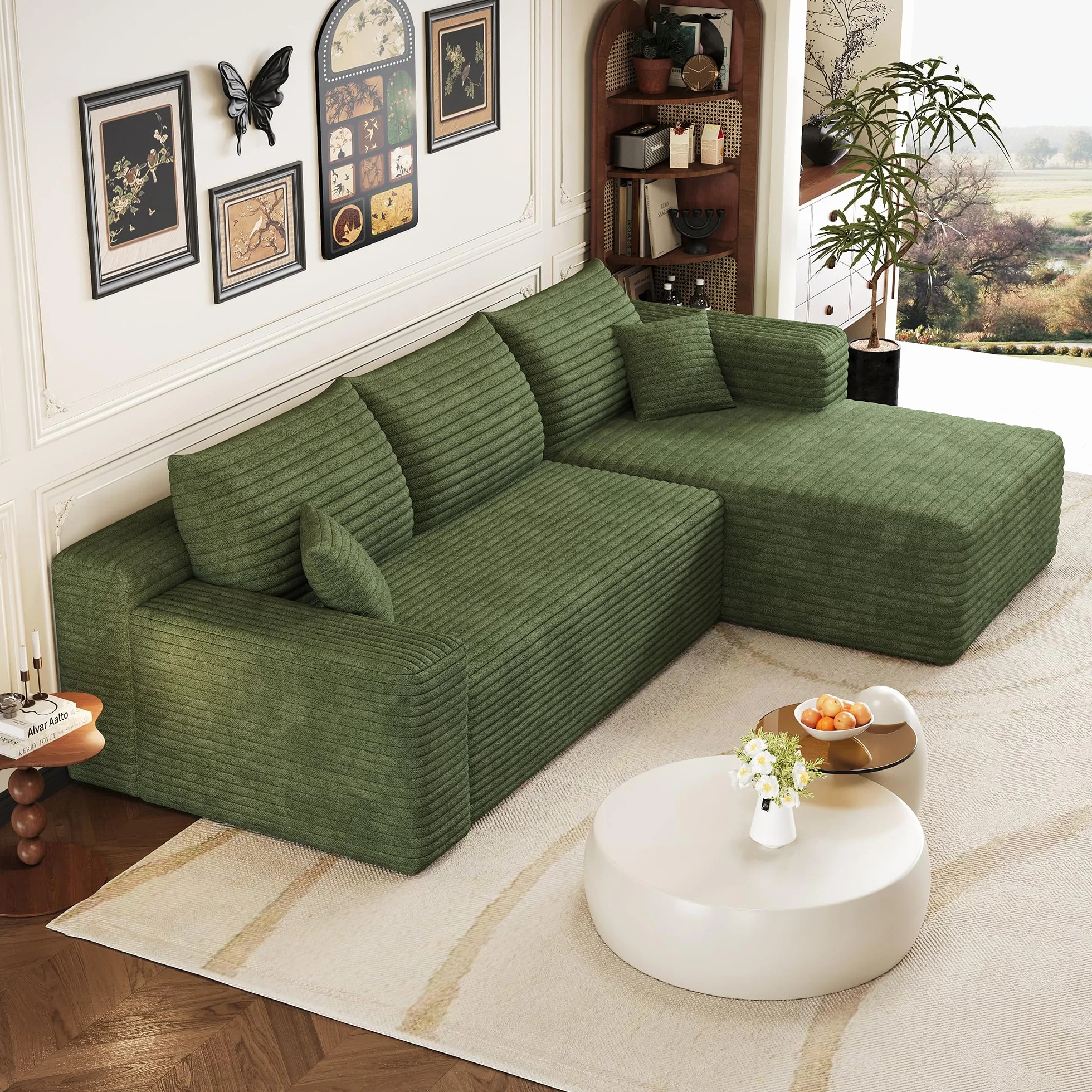 Sapgaks - Sofá esquinero de 241 cm, sofá de 3 plazas de pana con asiento profundo y ángulo integrado, sofá convertible modular, chaise longue orientada a la derecha, verde