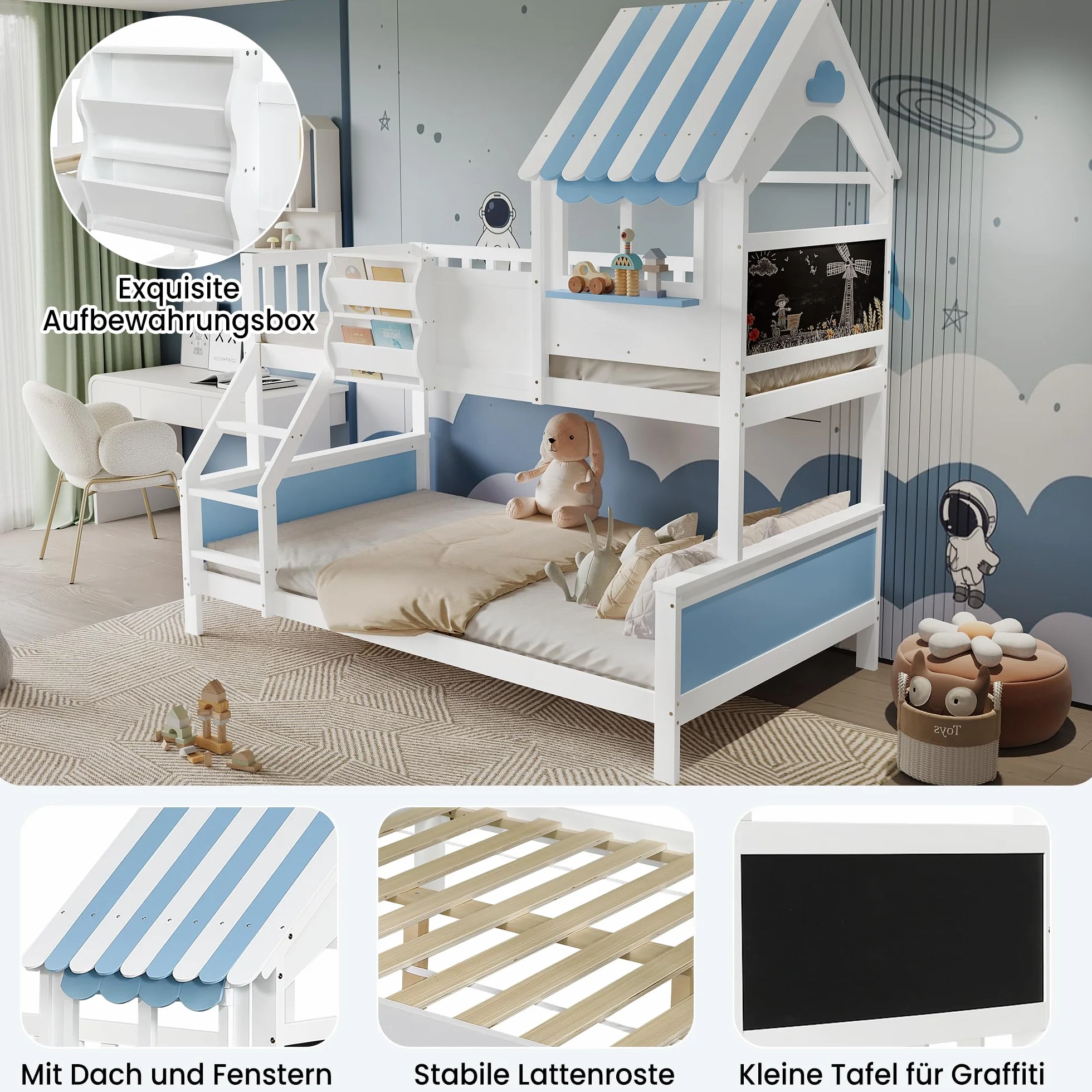 Litera Infantil con Cajón de Almacenamiento | Escalera Inclinada 3 Peldaños + Diseño Ventana Única | Tablero Grafiti Lateral | Estructura Pino+MDF | Blanco/Azul | 90x200cm y 120x200cm