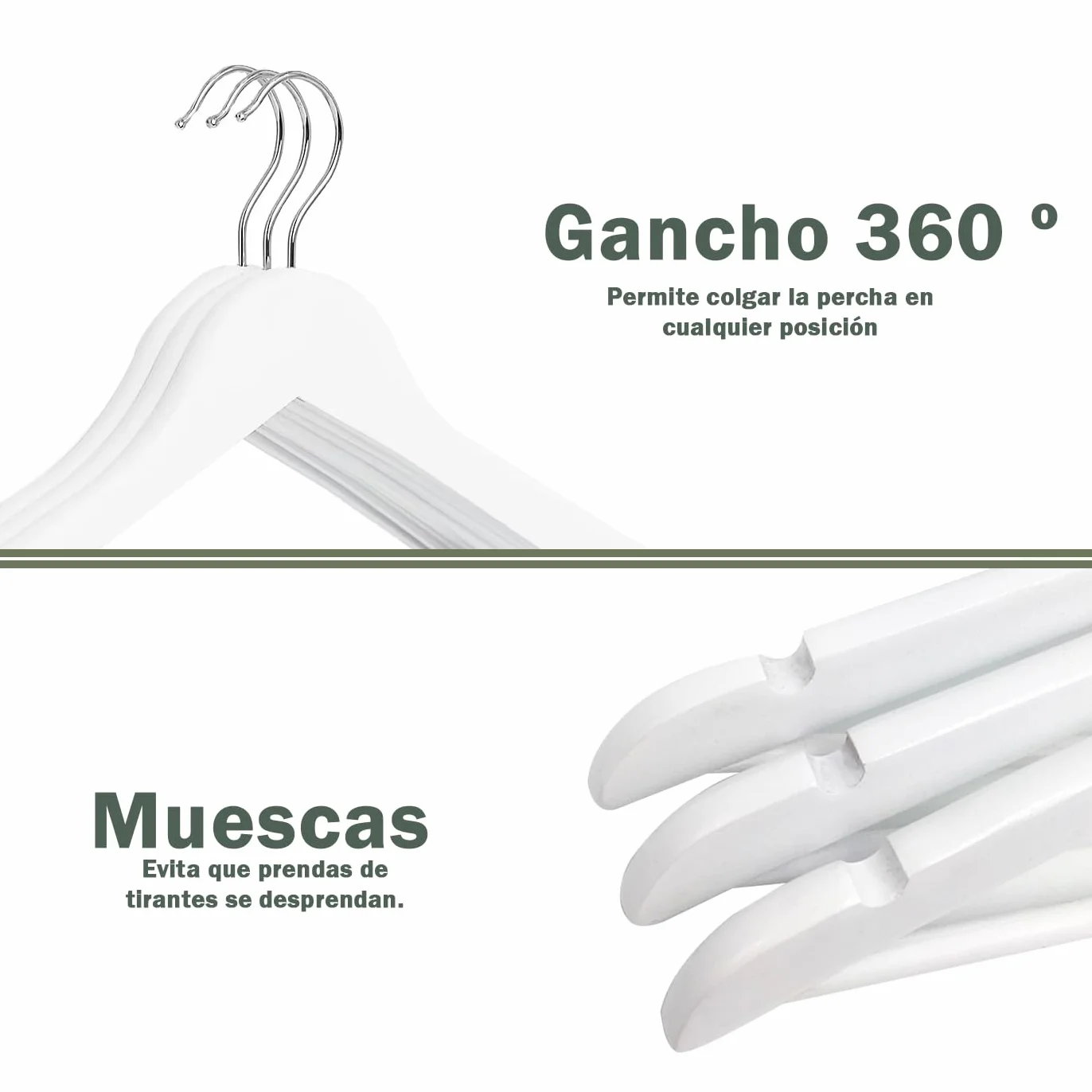 MERCURY TEXTIL - Perchas Ropa de Madera Natural, Gancho Giratorio 360°, Barra Antideslizante para Pantalones, Ideal para Trajes, Vestidos y Chaquetas, Perchas Madera (Blanco, 10 Unidades)