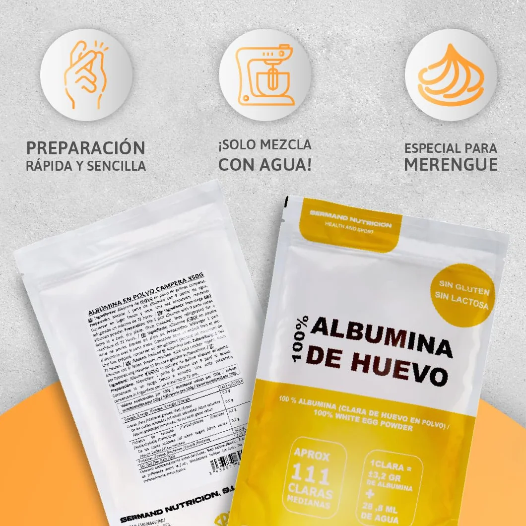 Clara de Huevo en Polvo SERMAND | Albúmina de Huevo Sin Aditivos Sin Lactosa | Bolsa Zip 350 GR