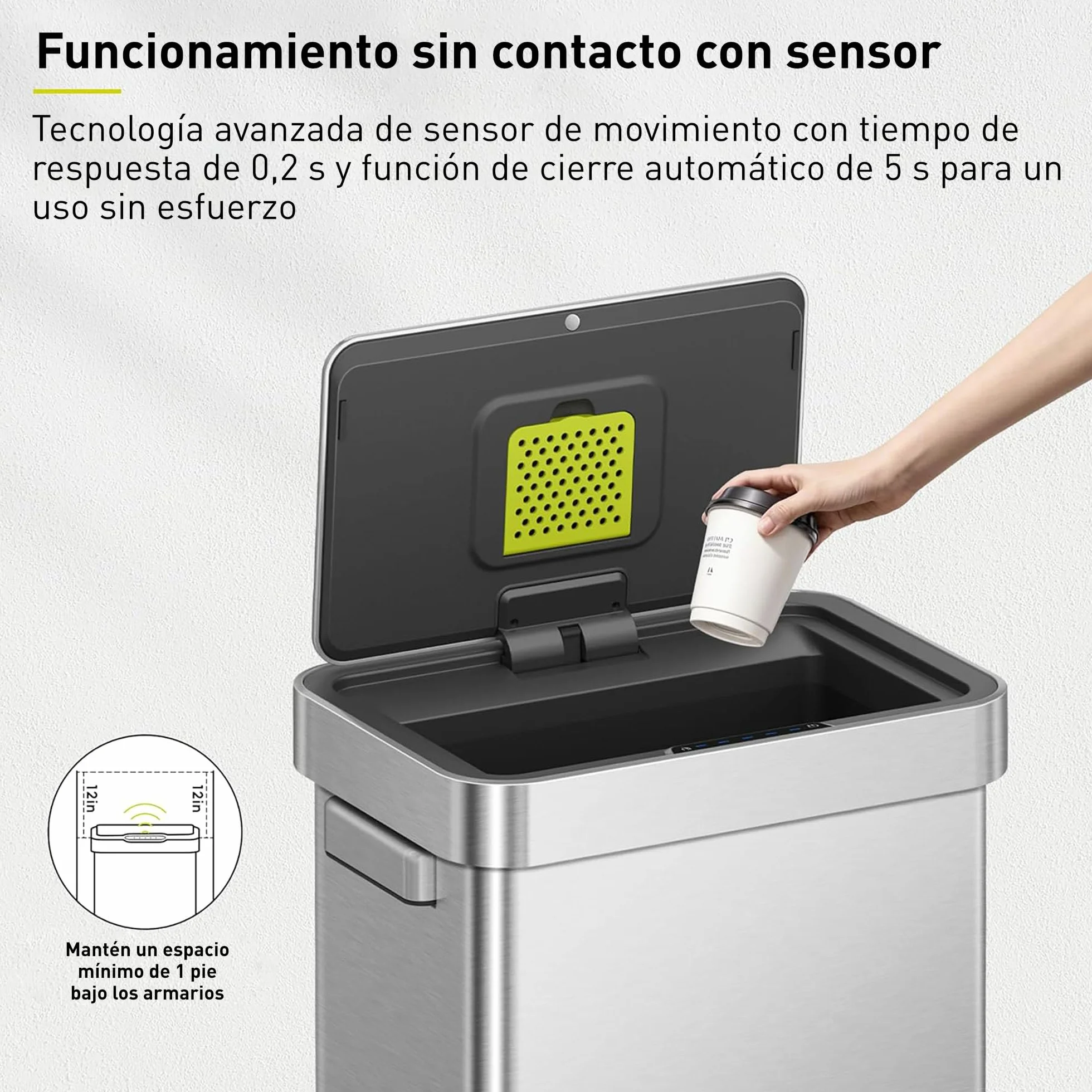 EKO Deluxe Mirage-T - Cubo de basura rectangular con sensor de movimiento sin contacto de 50 litros/13.2 galones, acabado de acero inoxidable mate