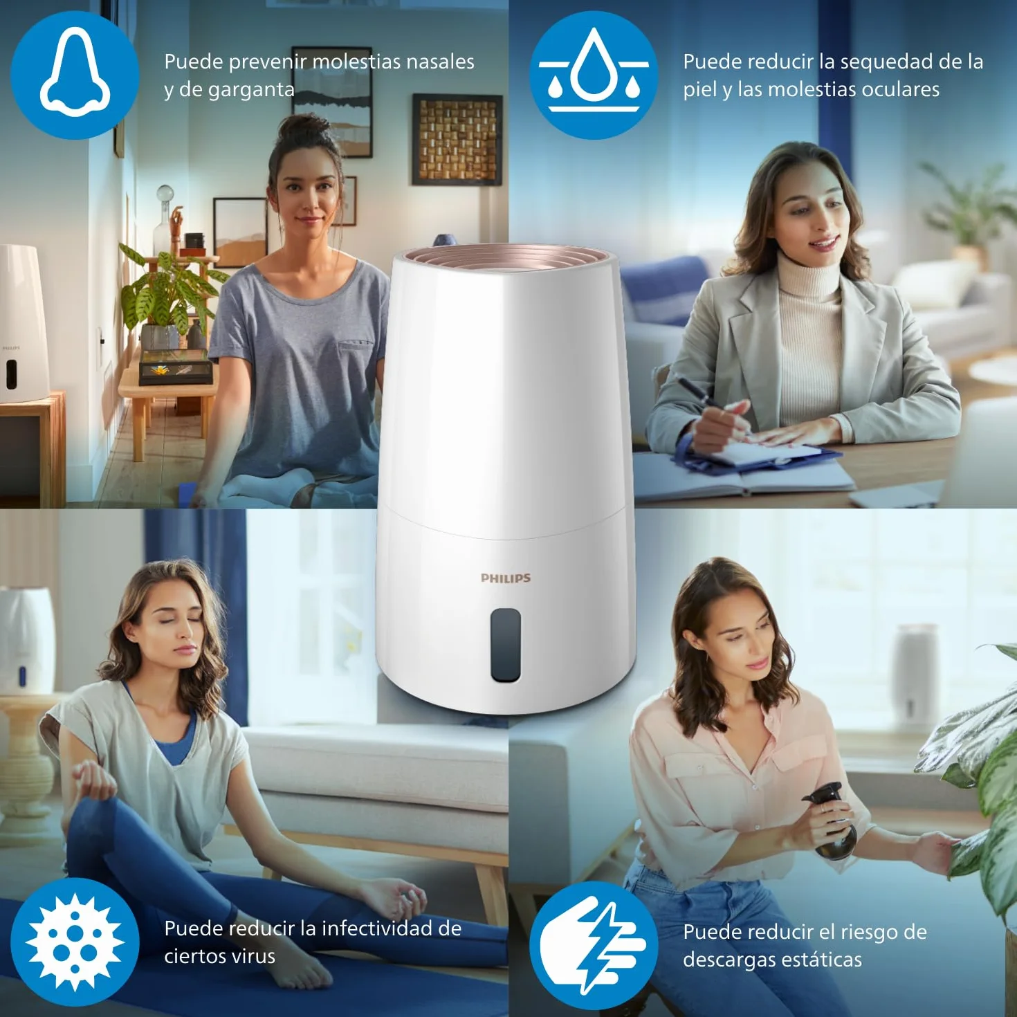 Philips Humidificador Serie 3000, 45 m², 99,97% menos bacterias (NanoCloud), 300 ml/h, 3 velocidades, Modo Sueño, Ultrasonido (33 dB), Sensor, Temporizador, Depósito 3L, Blanco (HU3916/10)