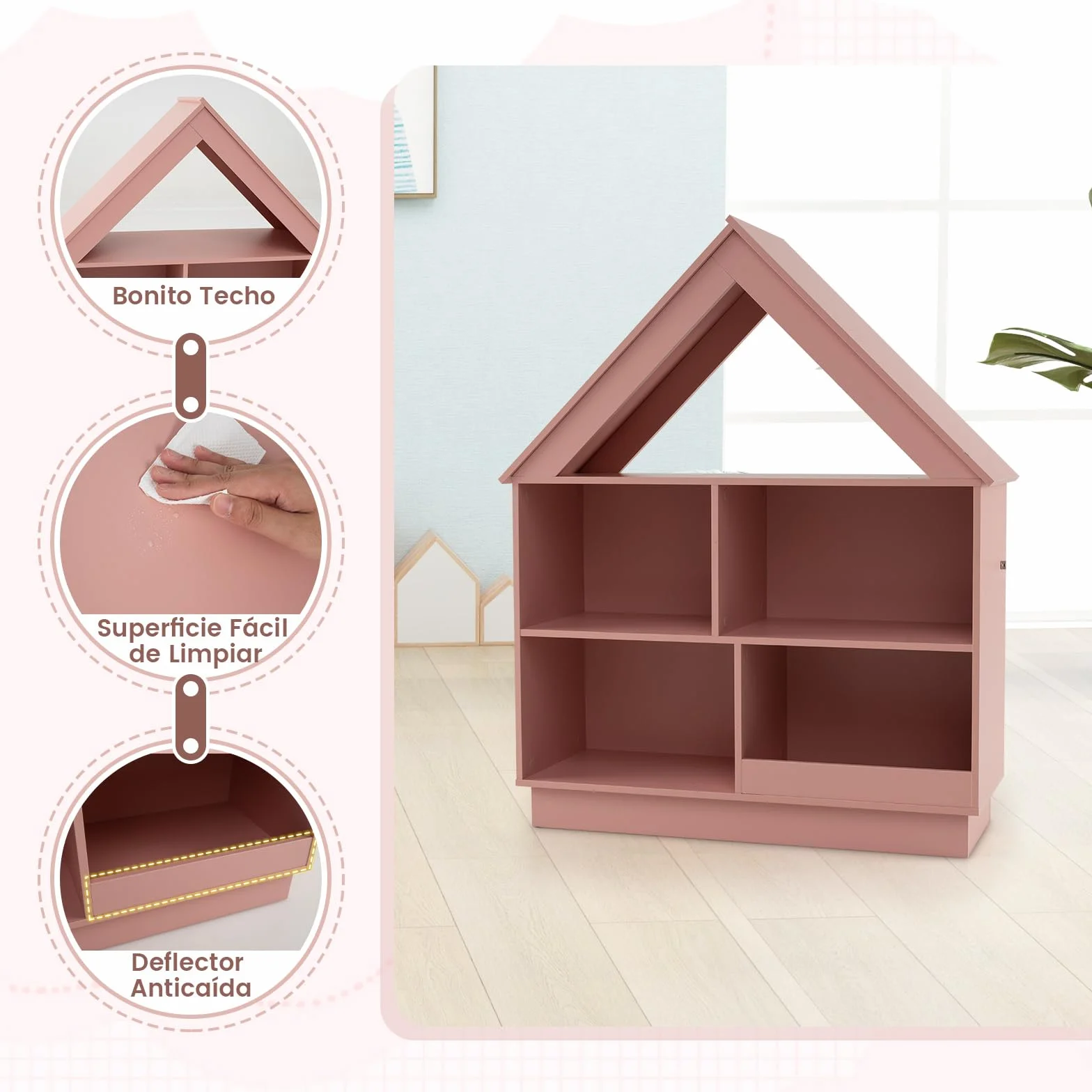 COSTWAY Estantería Infantil para Muñecas, Librería Infantil en Forma de Casa, Armario de Almacenaje de Juguetes de Madera con 5 Cubículos, Estante Abierto de 3 Niveles para Niños (Rosa)