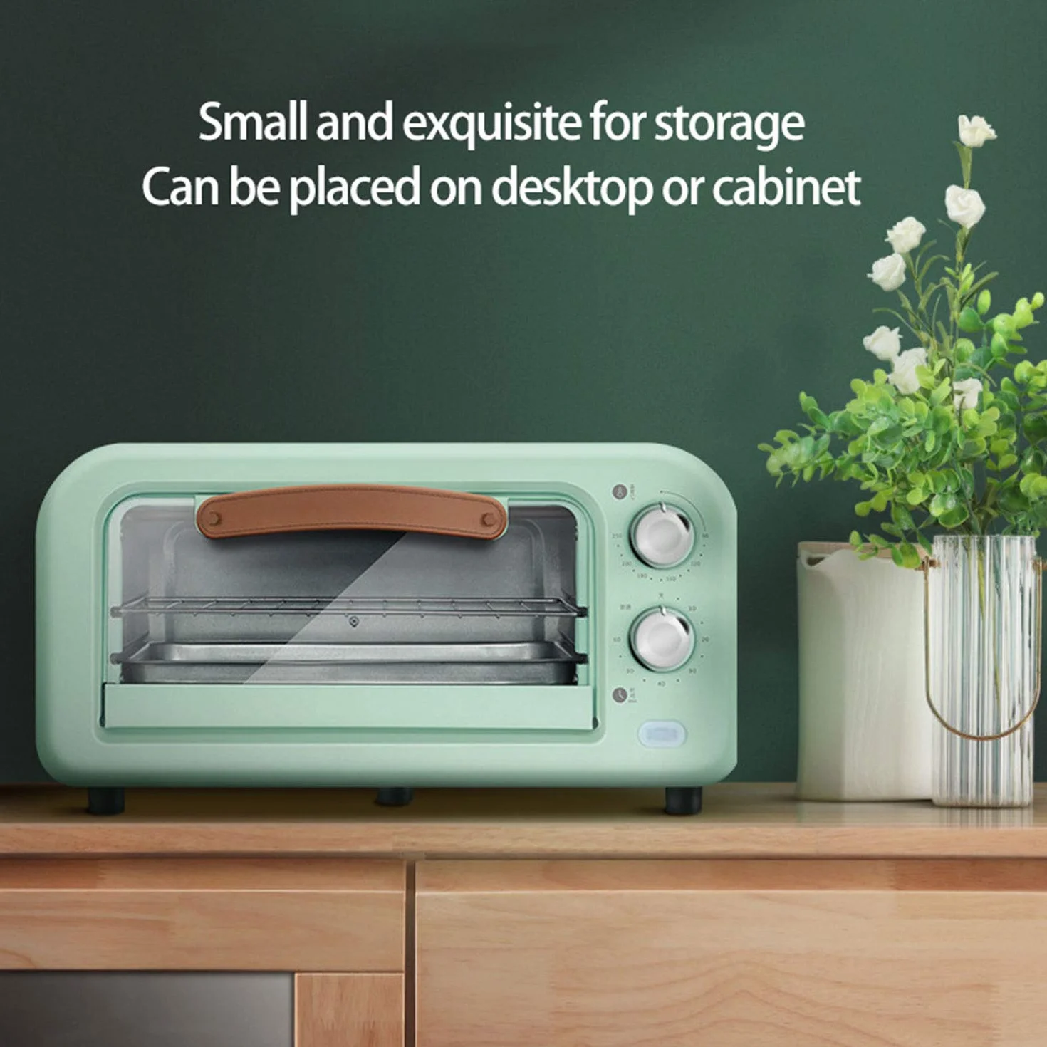Mini Horno Compacto de 12 L, Retro y Ligero, Temperatura controlada Desde 90-230 °C/60 Minutos, Temporizador con Apagado automático, 800 W, Puerta de Vidrio Templado,Verde