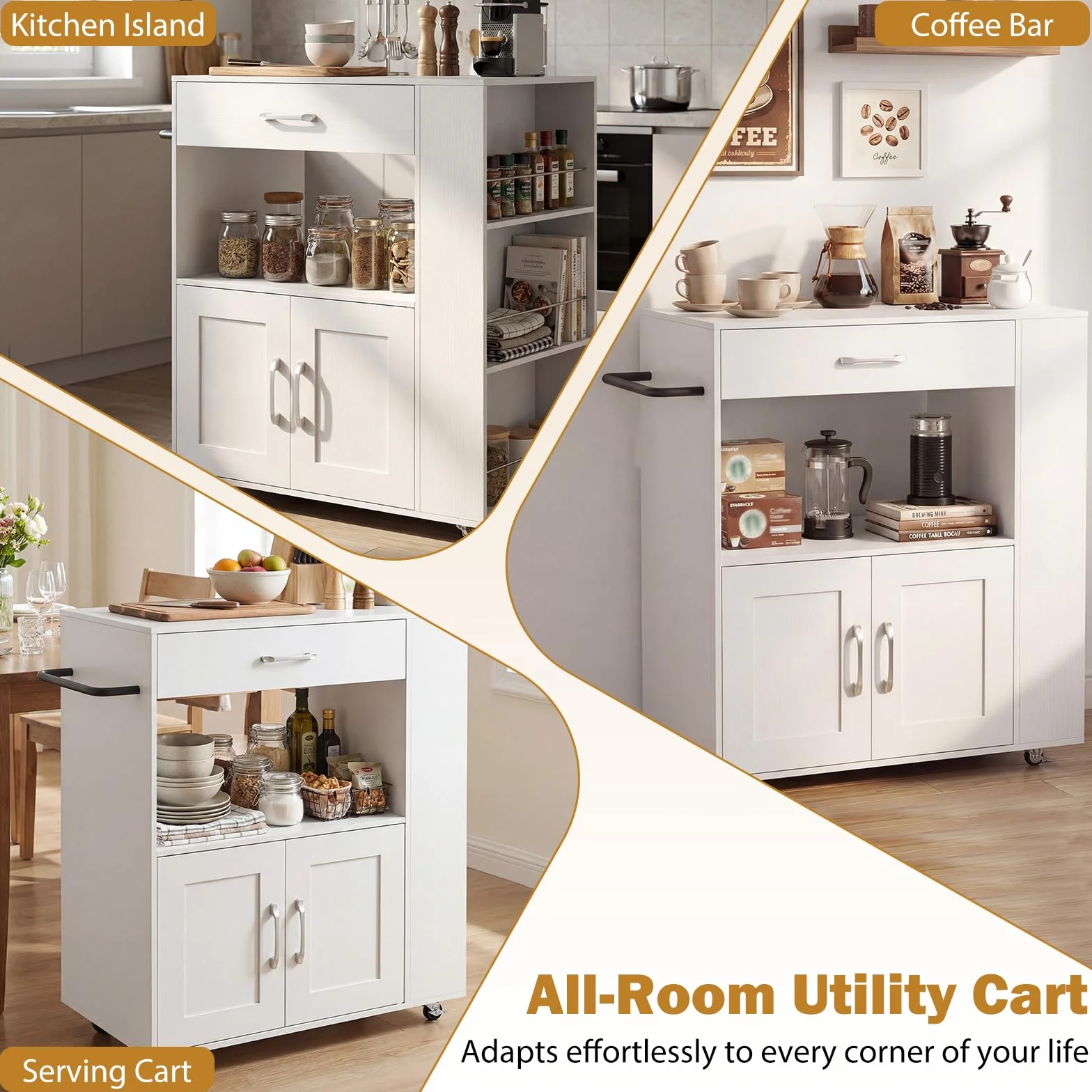GIANTEX Carrito de cocina con ruedas, isla de cocina con encimera, isla de cocina móvil de madera, armario de cocina, carrito de servicio con cajón y 3 estantes, carrito de cocina (blanco completo)