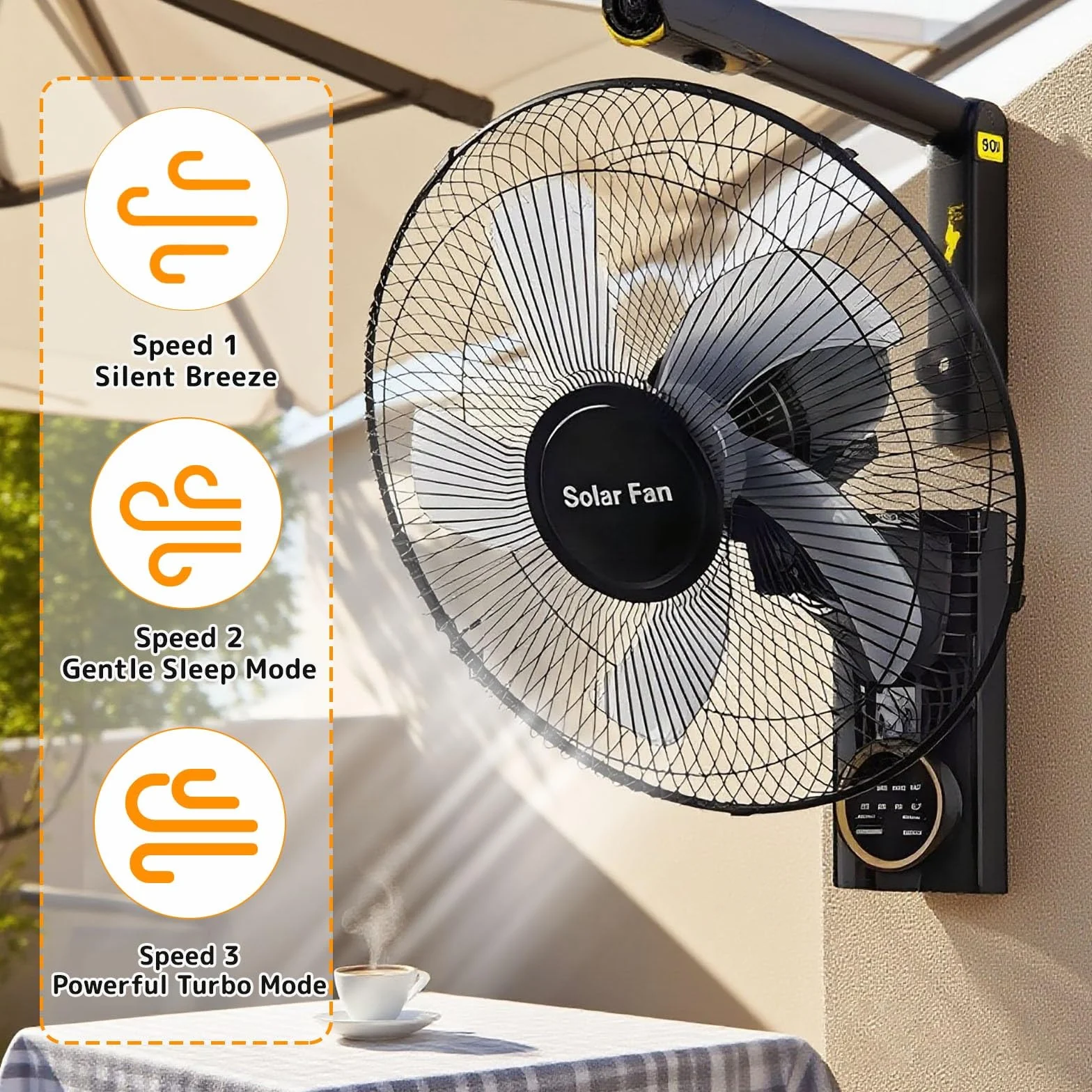 Ventilador Solar De Pared Con Mando A Distancia, 3 Velocidades Silencioso Oscilante, Temporizador E Inclinación Ajustable, Para Interior Y Exterior, Placa Solar O Enchufe