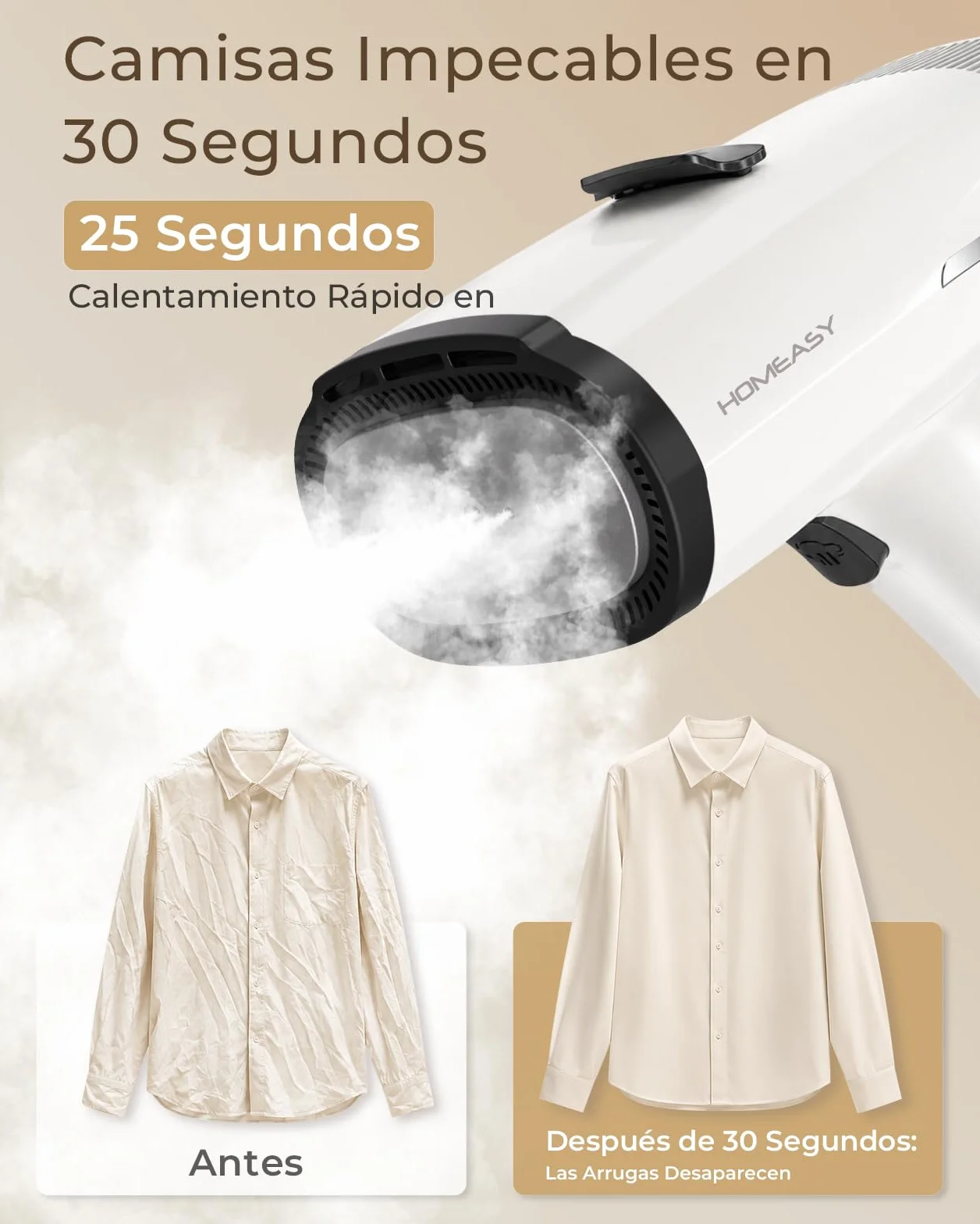 HOMEASY Plancha de Vapor Portátil con Succión 6000Pa, Calentamiento en 25 Segundos, Depósito de 270ml, 2 Niveles de Vapor, Planchado Vertical para Ropa, Camisas, Vestidos y Cortinas