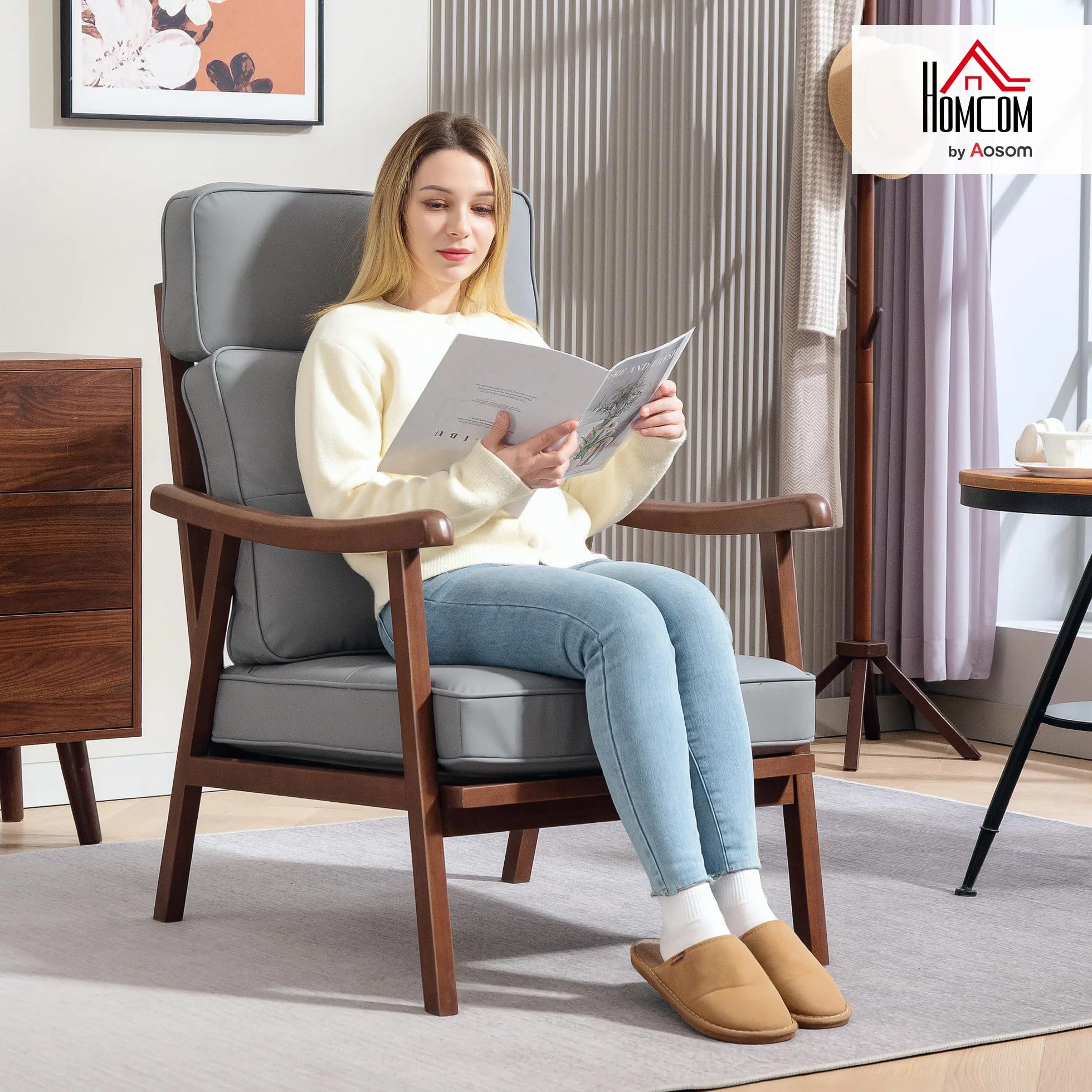 HOMCOM Butaca de Salón Sillón de Salón Tapizado en PU con Marco de Madera Cojines Acolchados Gruesos Respaldo Alto Carga 150 kg Sillón Lectura para Sala de Estar Dormitorio Gris y Madera Nogal