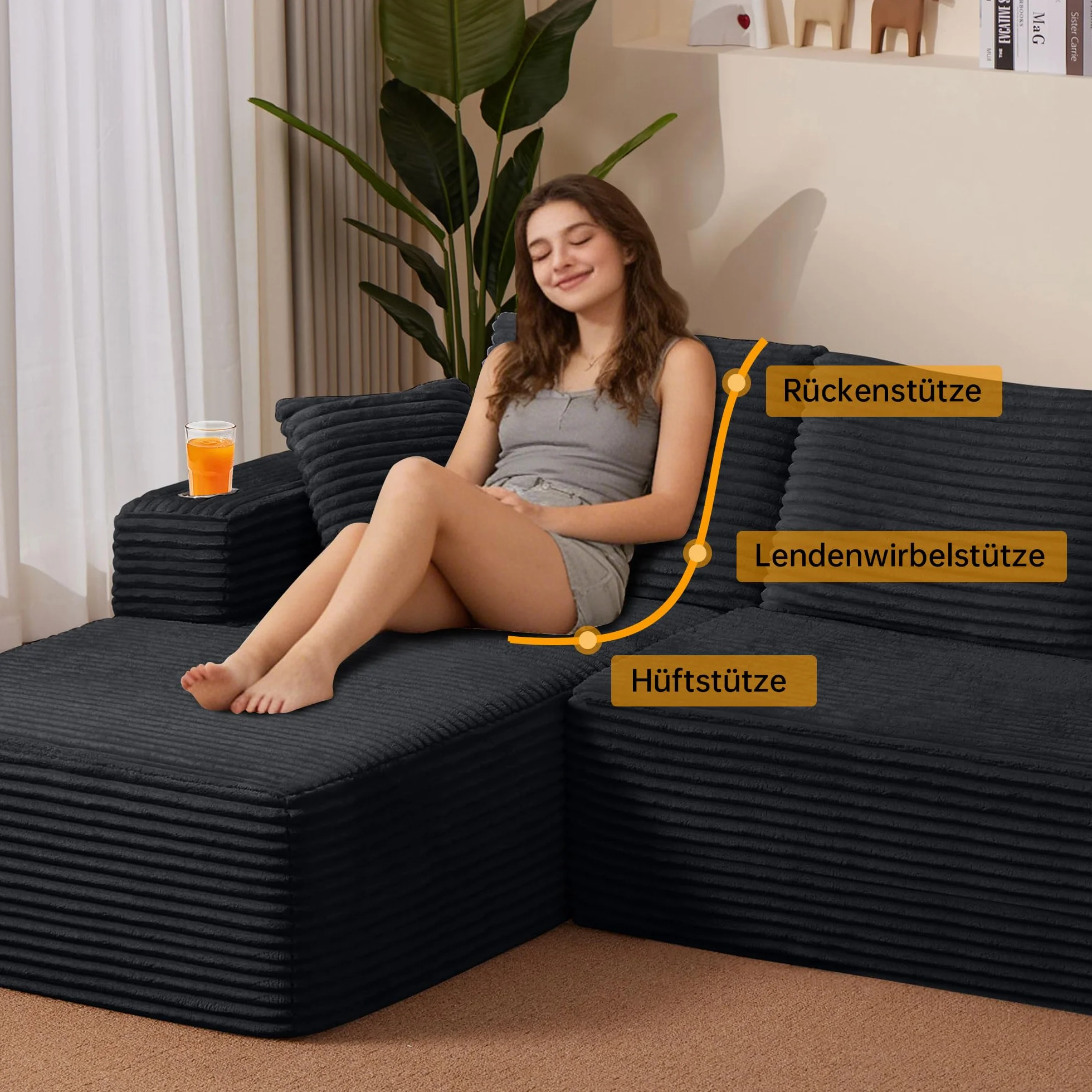 Sofa Modular sofás Comprimidos al vacío, Sofa Cama Chaise Longue 102 inch/261cm Sofá de Suelo Modular sin Estructura con Función de Dormir, Sofá para Salón o Apartamento, Negro
