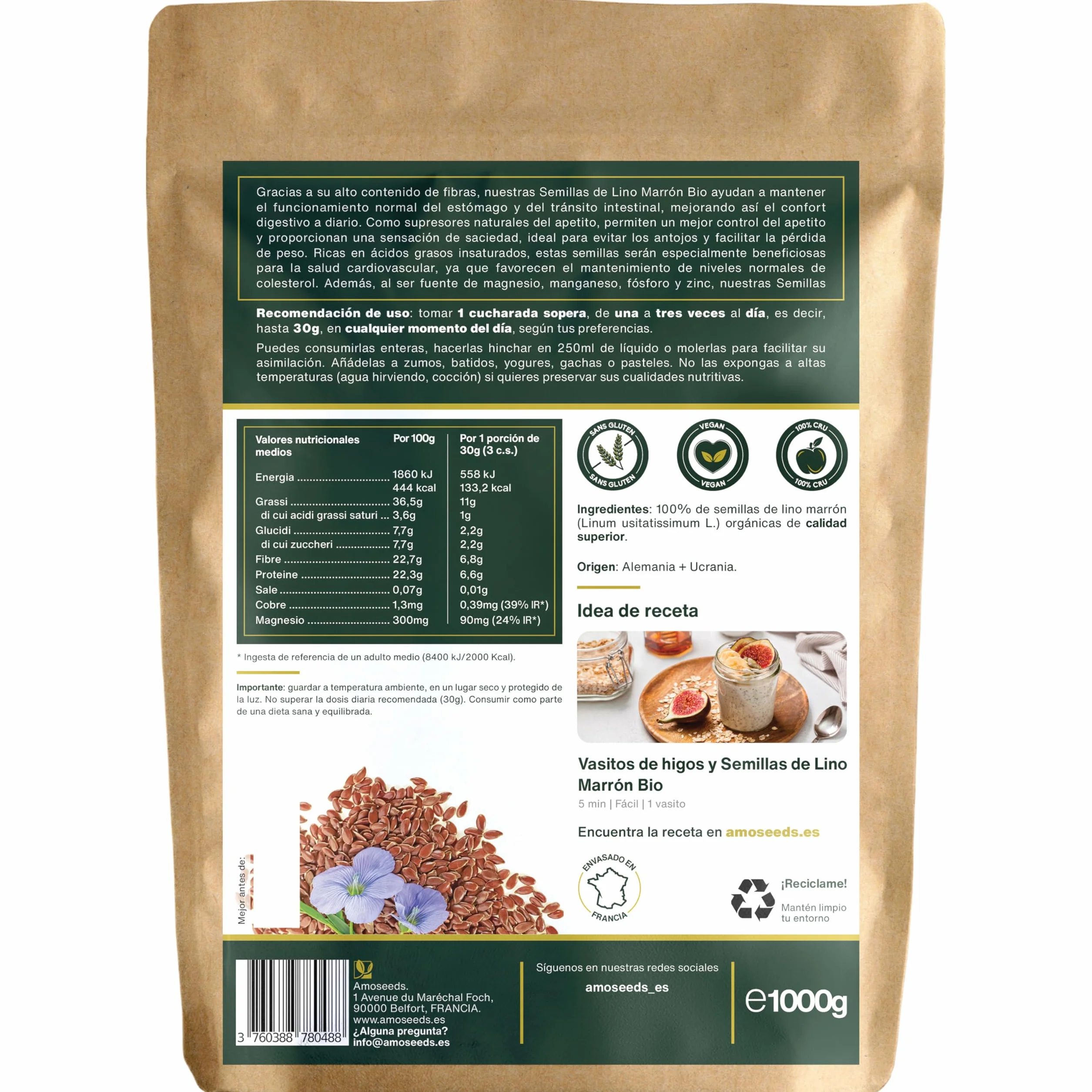 Semillas de Lino Marrón BIO 1KG | Linaza Entera 100% Natural, Orgánica, Sin Gluten, Rica en Fibras y Omega 3