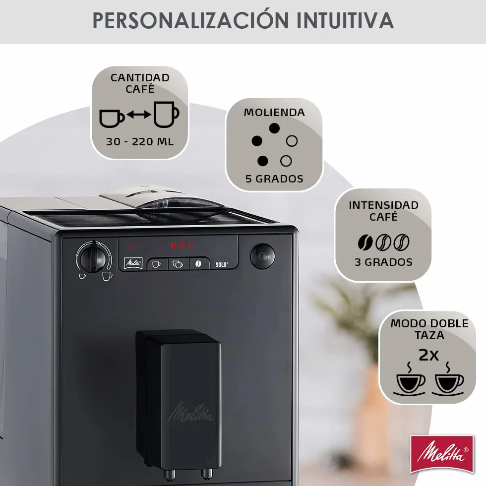 Melitta, Solo E950-222, Cafetera Superautomática con Molinillo, 15 Bares, Café en Grano para Espresso, Limpieza Automática, Personalizable, Pure Black