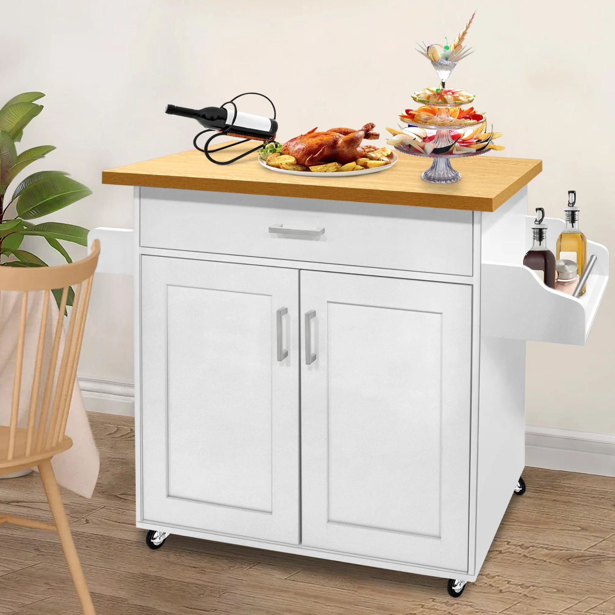 UISEBRT Carro de cocina con encimera, isla de cocina de madera, armario de cocina con ruedas, carrito de servicio con cajón y estante, carrito de cocina en estilo rústico, color blanco